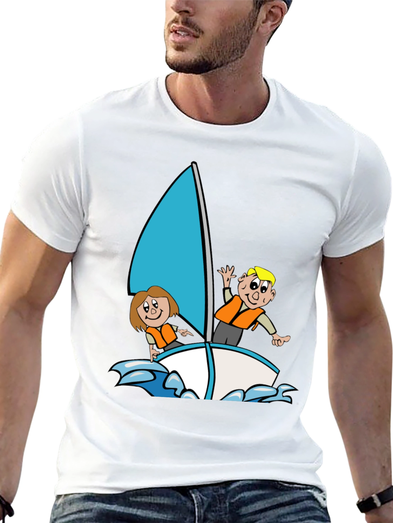 Black Cartoon Sailboat Graphic T-Shirt - Black Crew Neck view 13