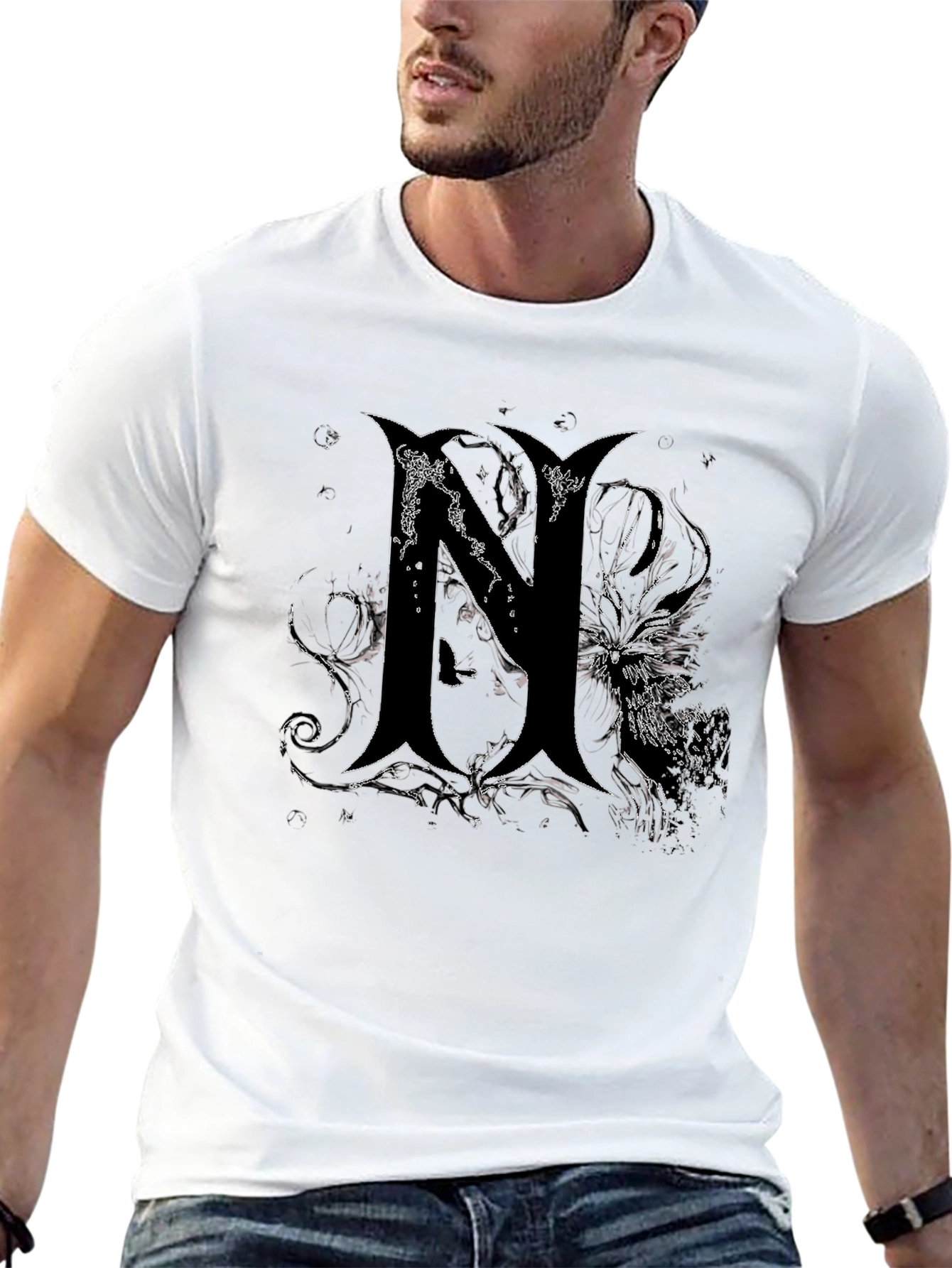 Black Edgy Gothic "N" Graphic Print Black T-Shirt view 13