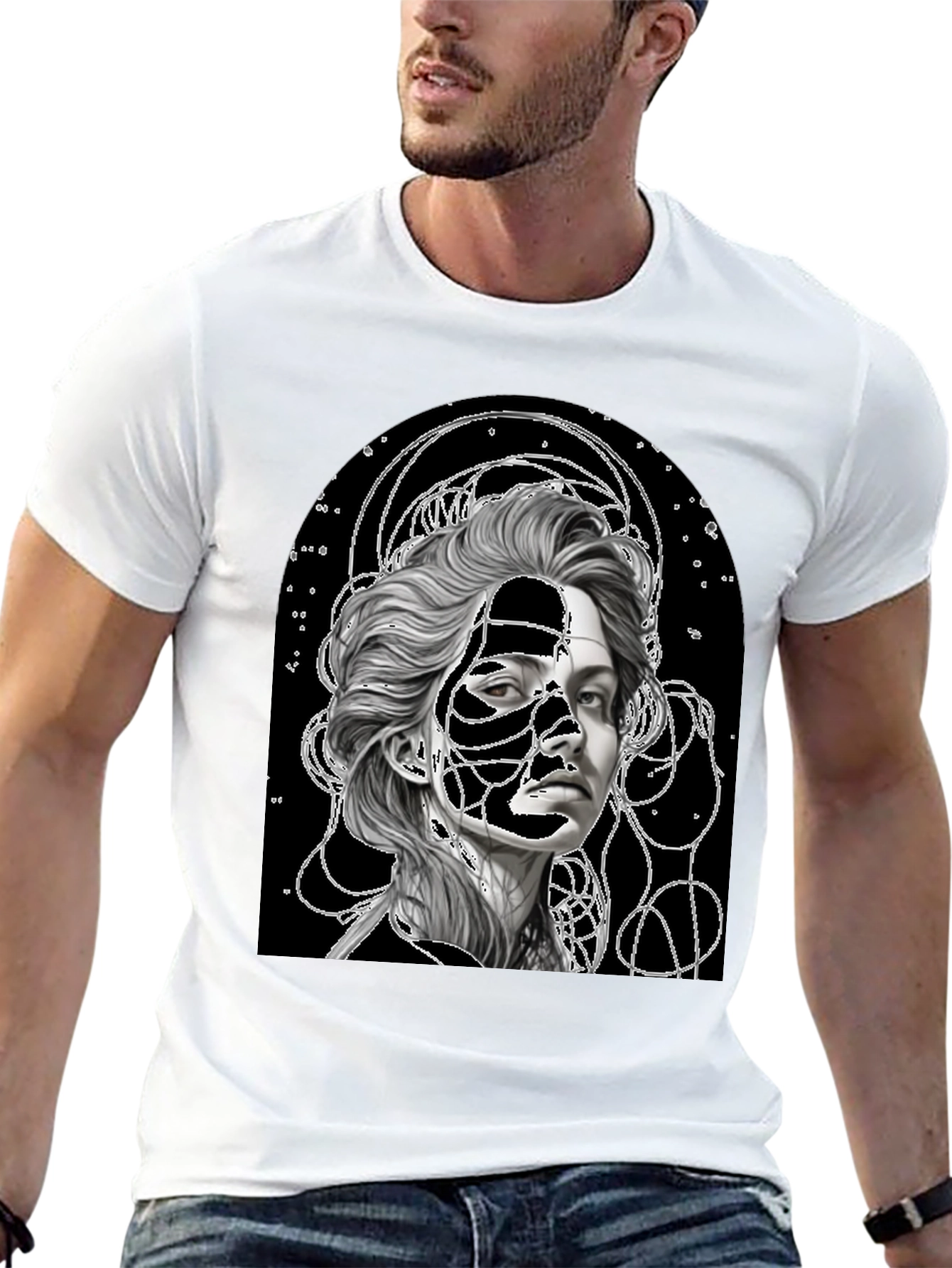 Black Abstract Portrait Graphic Tee - Stylish Black T-Shirt view 13
