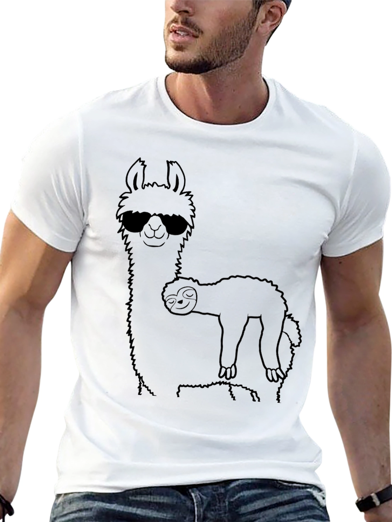 Black Cool Llama & Sloth Graphic Tee - Black Cotton T-Shirt view 13