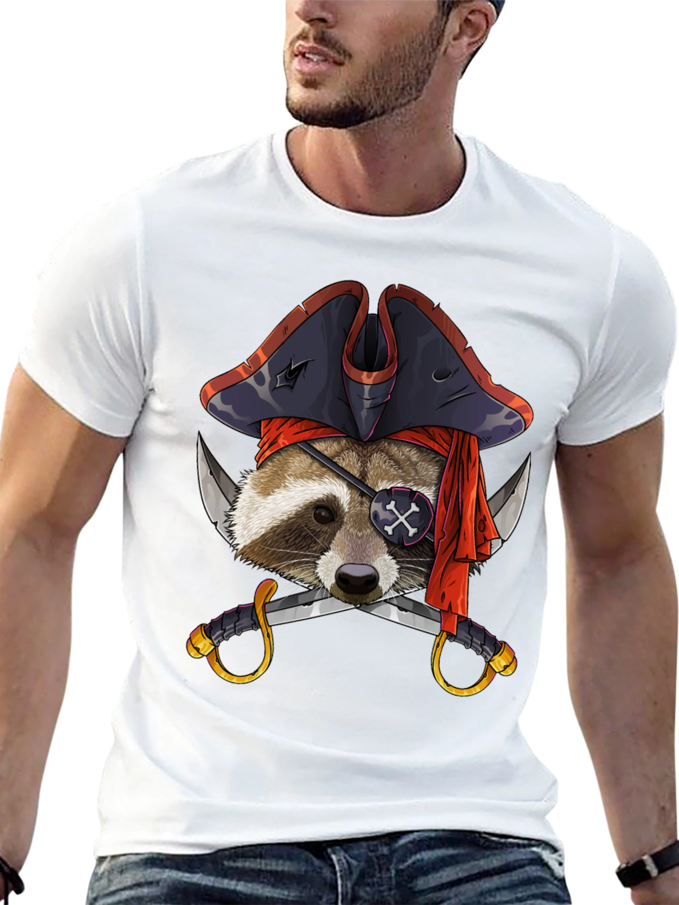 Black Pirate Raccoon Graphic Tee - Mens Black T-Shirt view 13