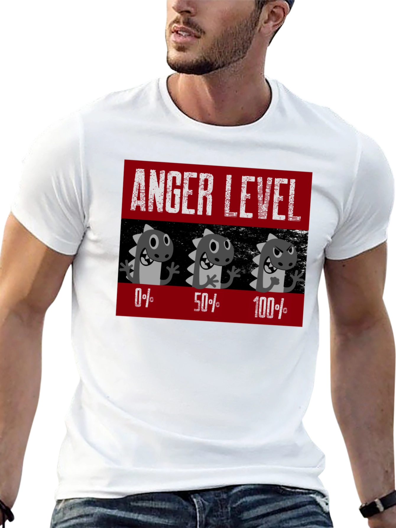 Black Anger Level T-Shirt, Funny Dinosaur Mood Tee view 13