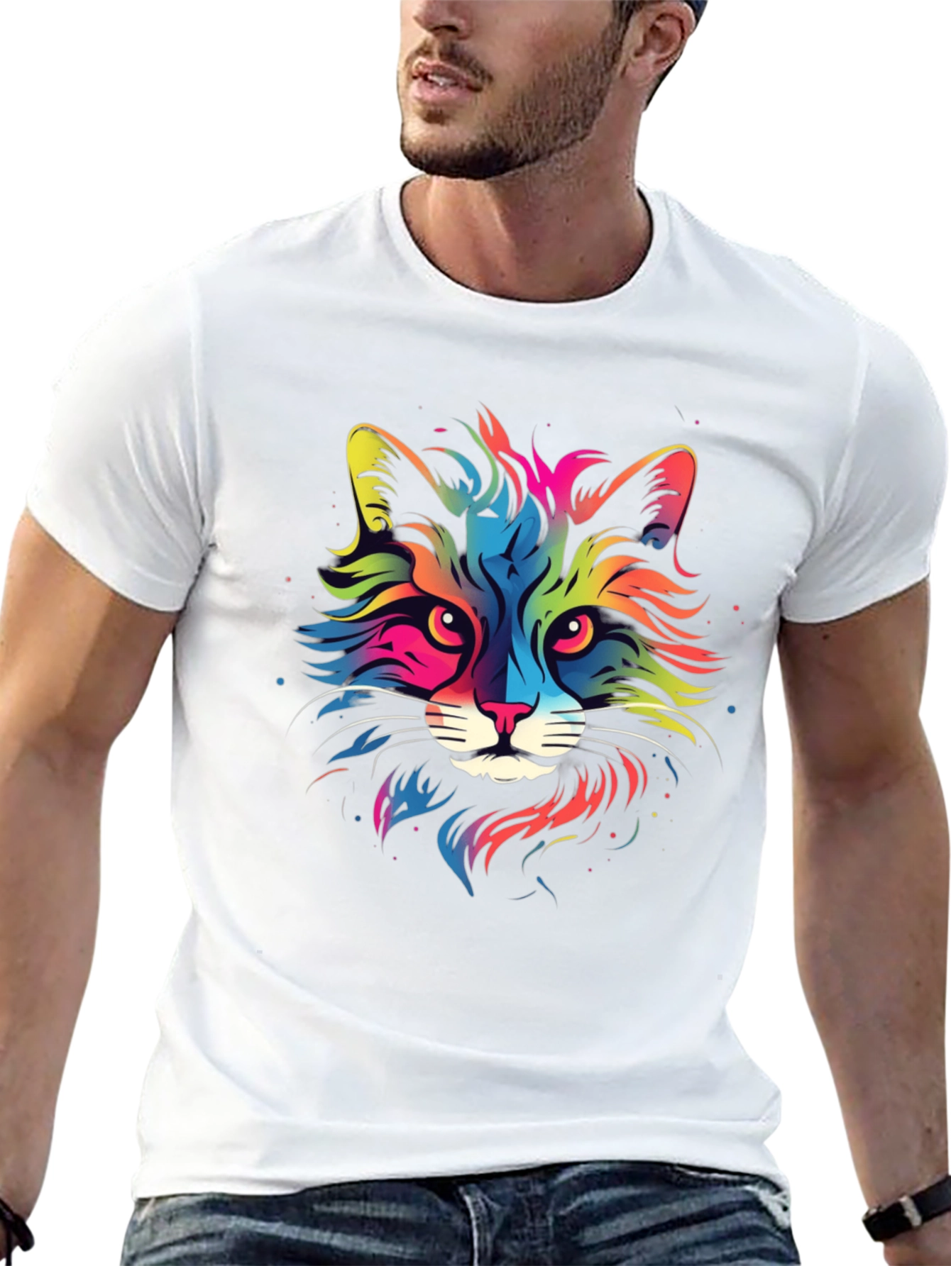 Black Colorful Cat Graphic Black T-Shirt view 13