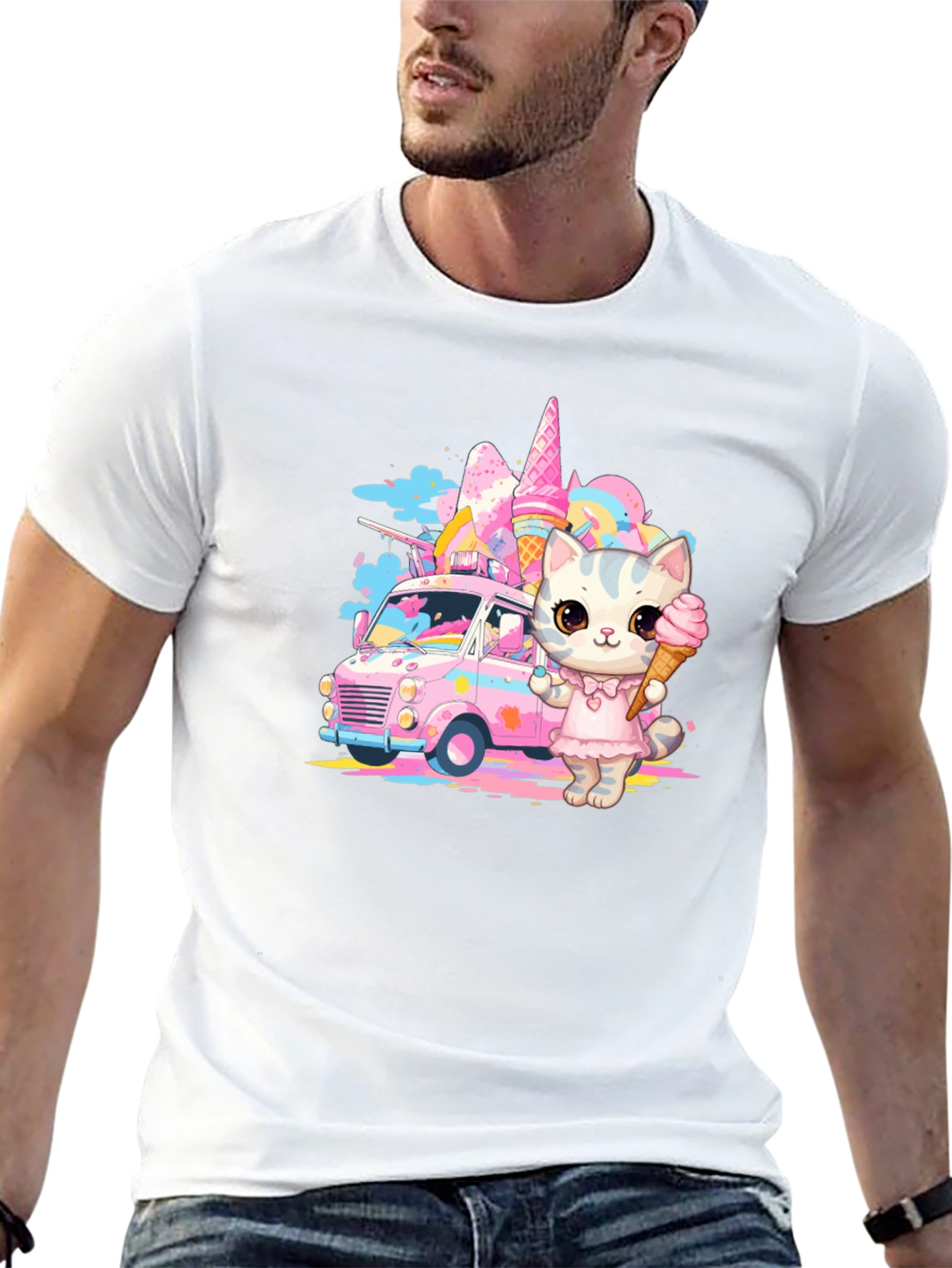 Black Cute Cat Ice Cream Truck Graphic T-Shirt view 13
