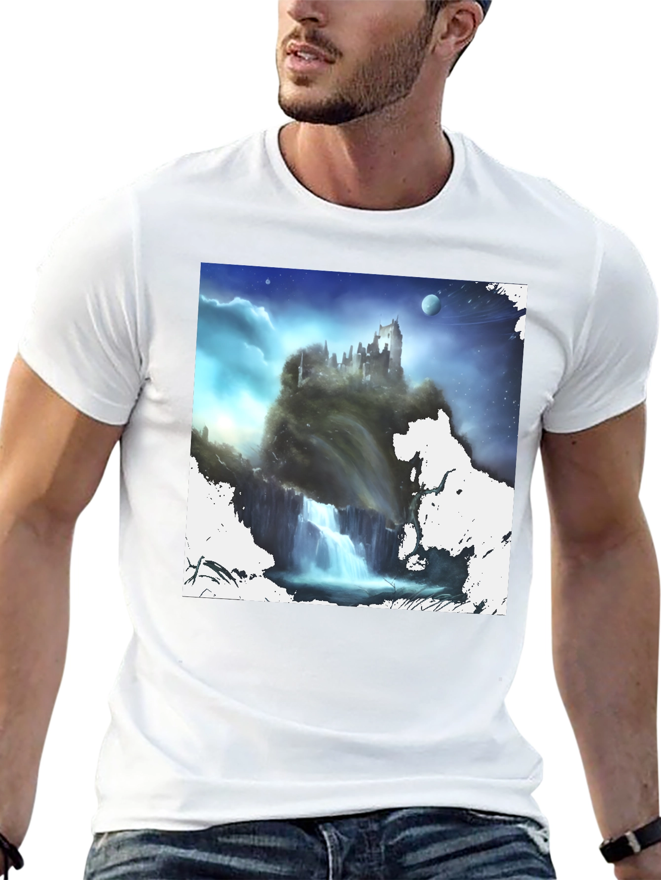 Black Fantasy Castle Waterfall Graphic Black T-Shirt view 13