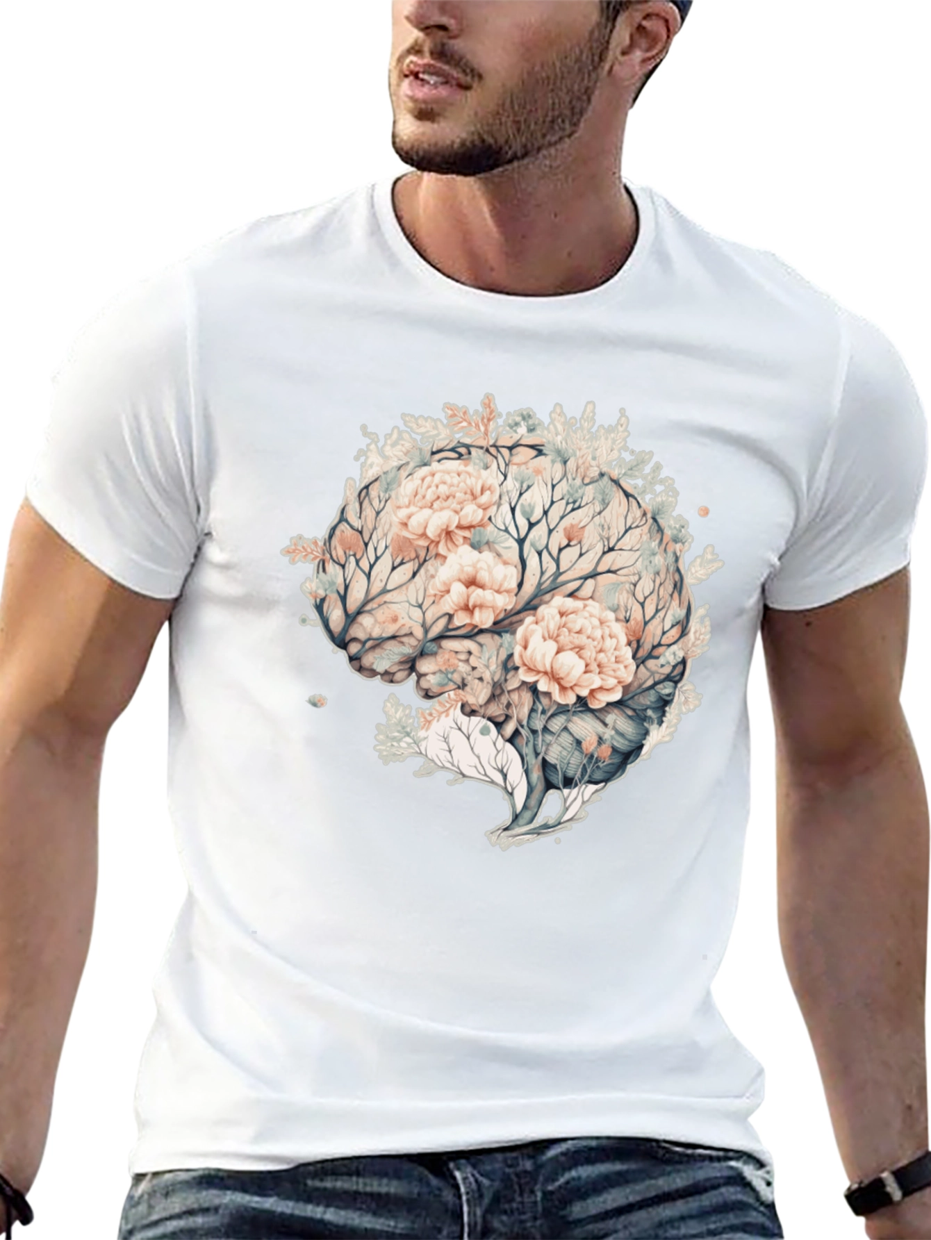 Black Floral Brain Graphic Tee - Unique Mens Black T-Shirt view 13
