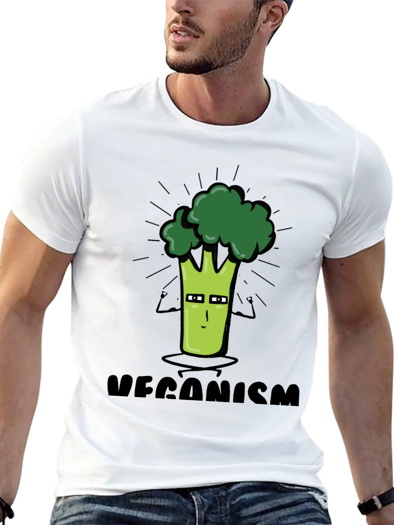 Black Veganism Cartoon Broccoli Black T-Shirt view 13