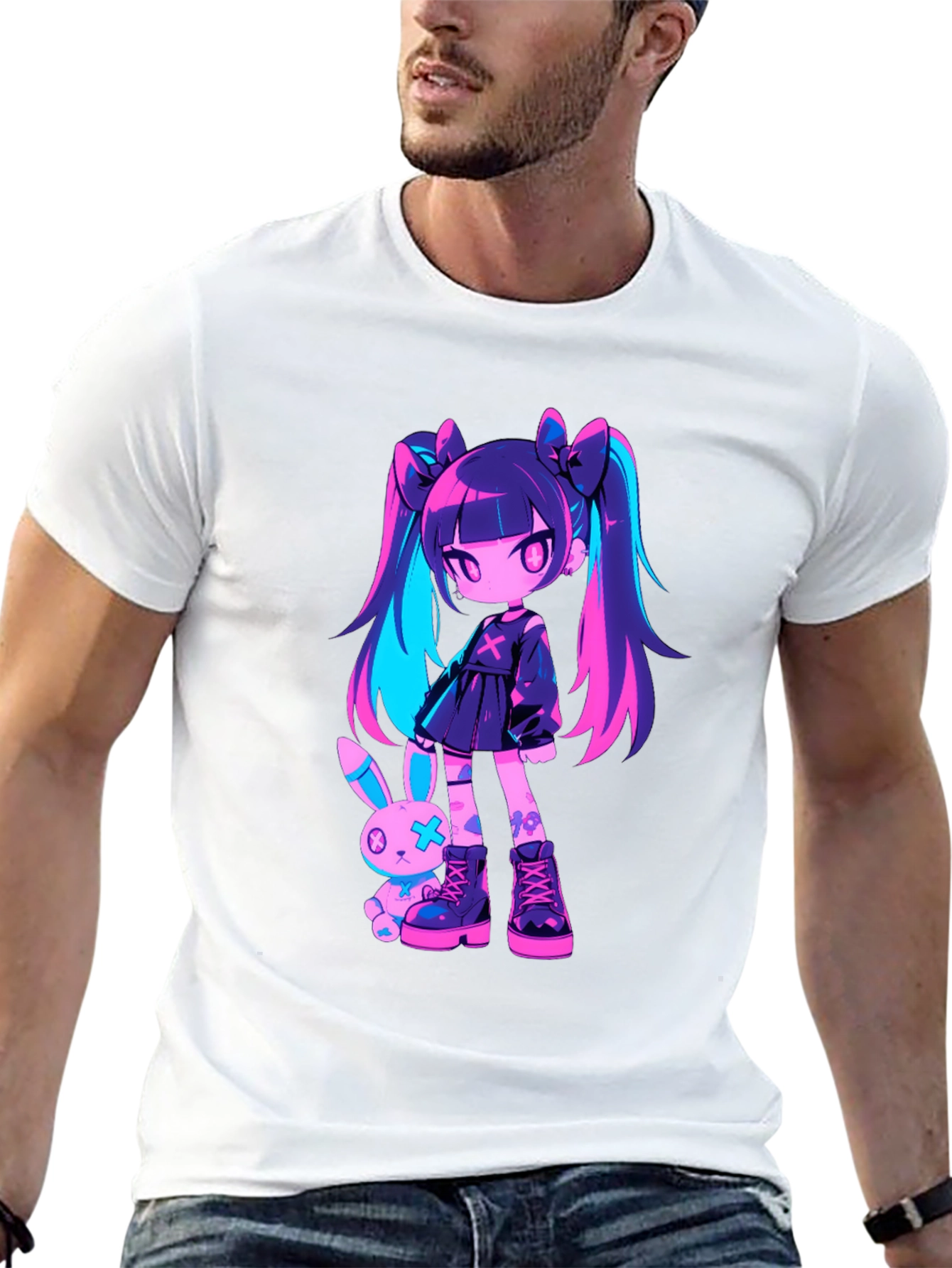 Black Anime Girl & Bunny Black T-Shirt view 13