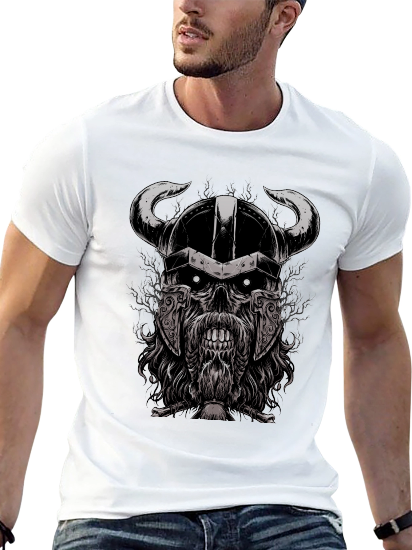 Black Viking Skull Graphic Black T-Shirt view 13