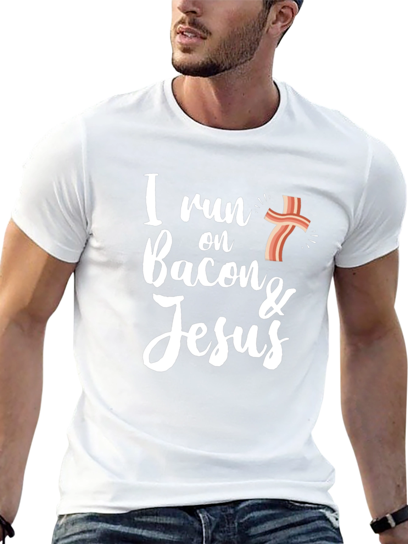 Black I Run on Bacon & Jesus Black Graphic T-Shirt view 13