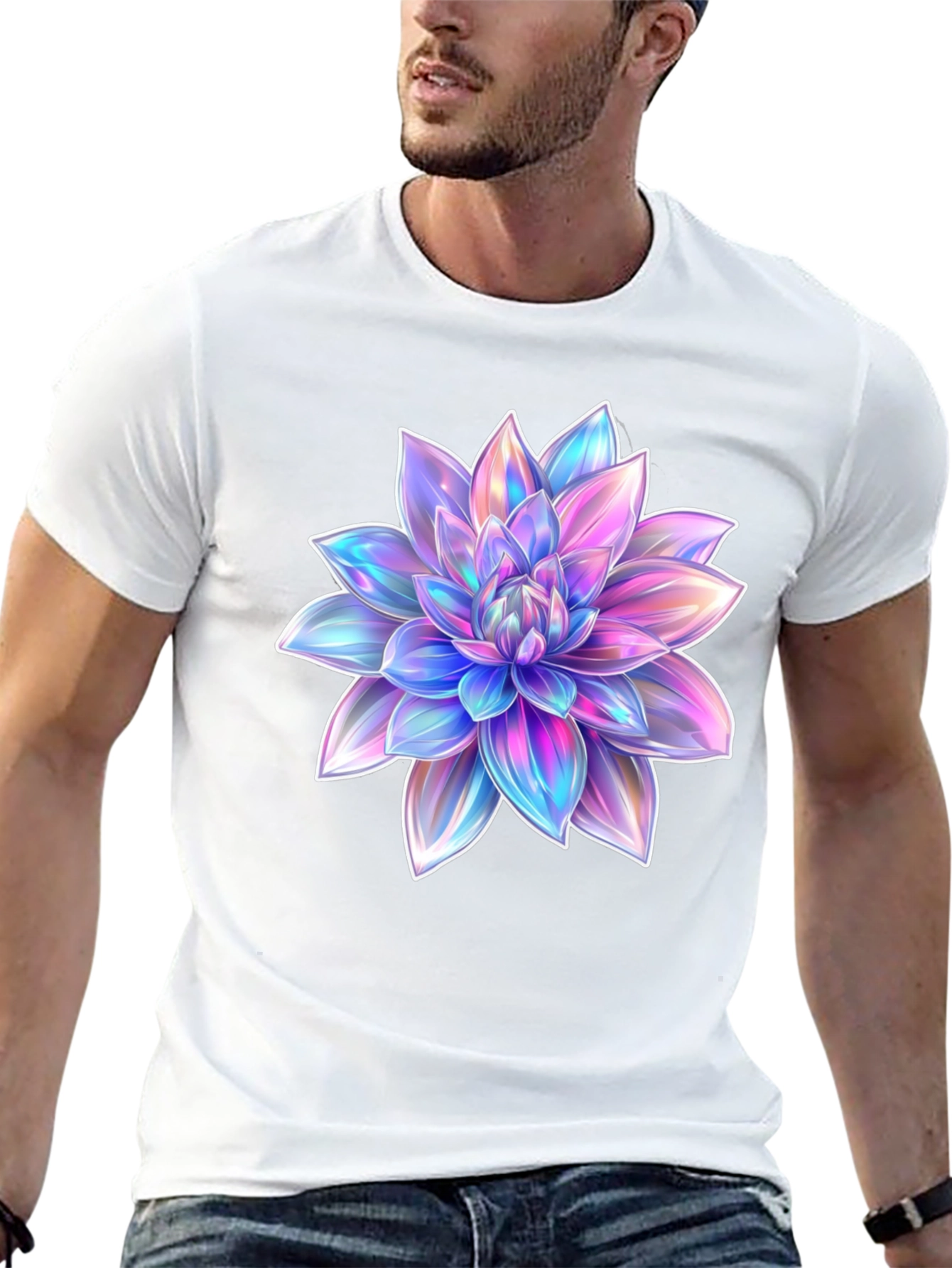 Black Men's Black T-Shirt with Holographic Flower Design view 13