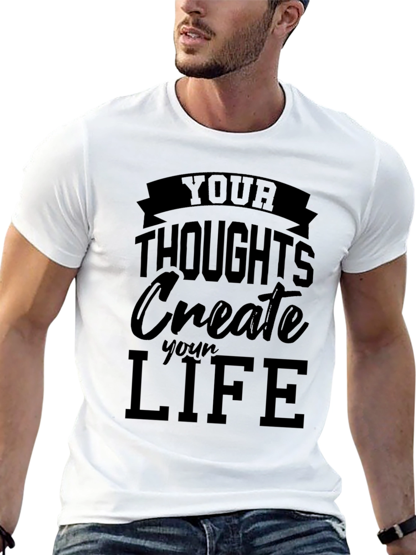 Black Inspirational Black T-Shirt - "Your Thoughts Create Your Life" view 13