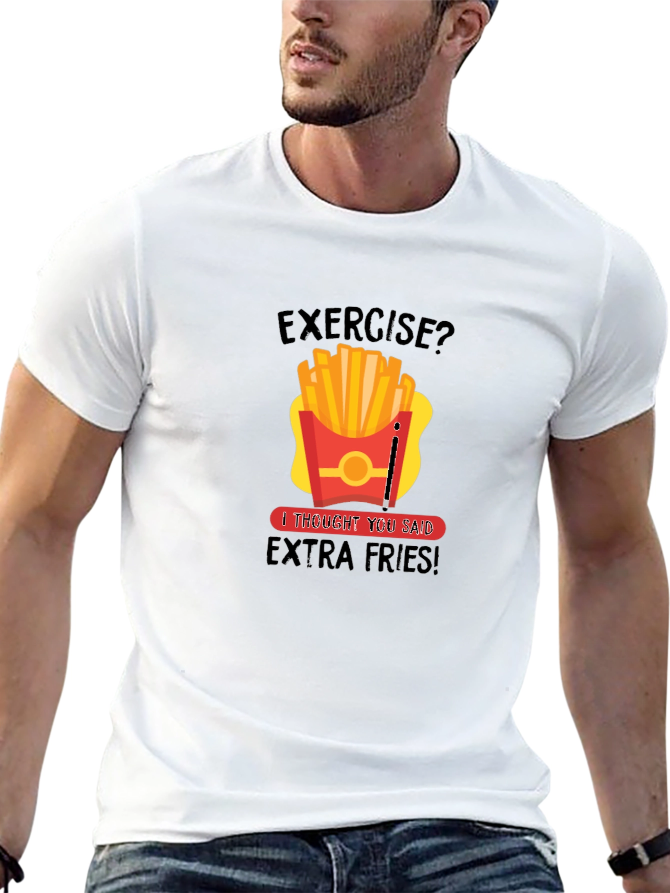 Black Funny Exercise Extra Fries Graphic T-Shirt view 13