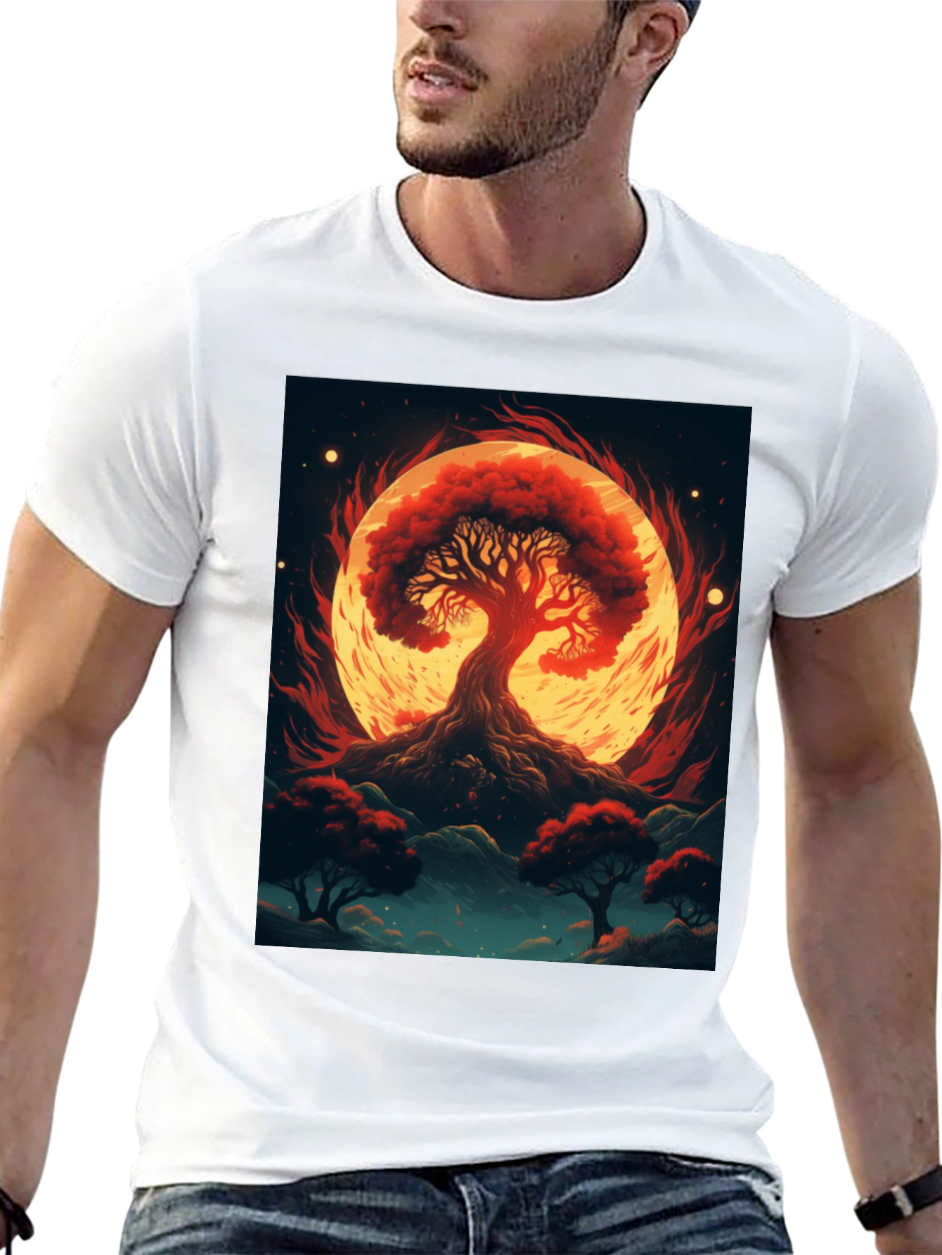 Black Red Tree Graphic Tee - Artistic Black T-Shirt view 13