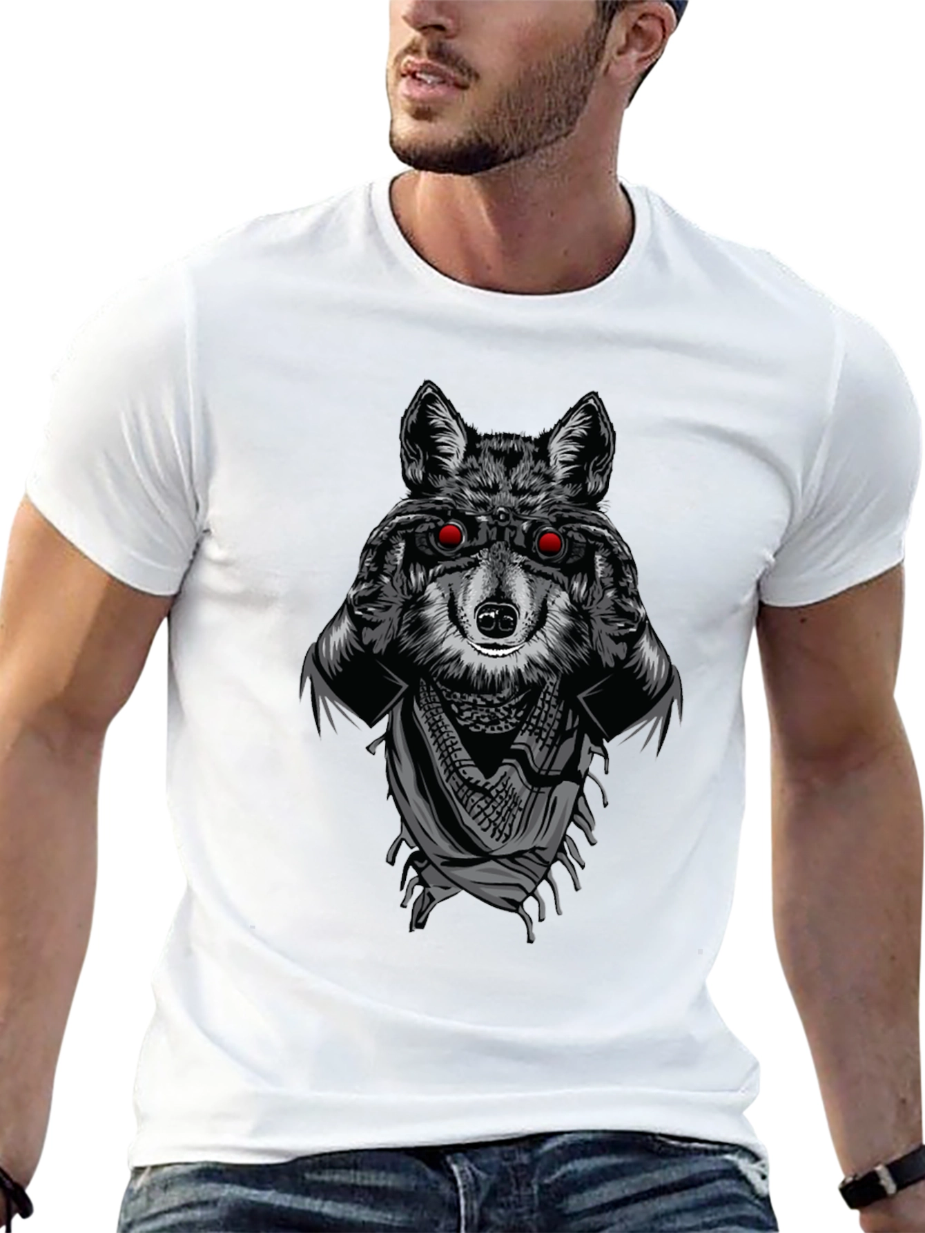 Black Wolf with Binoculars Graphic T-Shirt view 13
