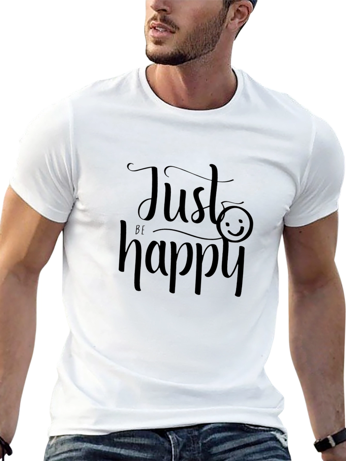 Black Just Be Happy Graphic Tee - Black Cotton T-Shirt view 13
