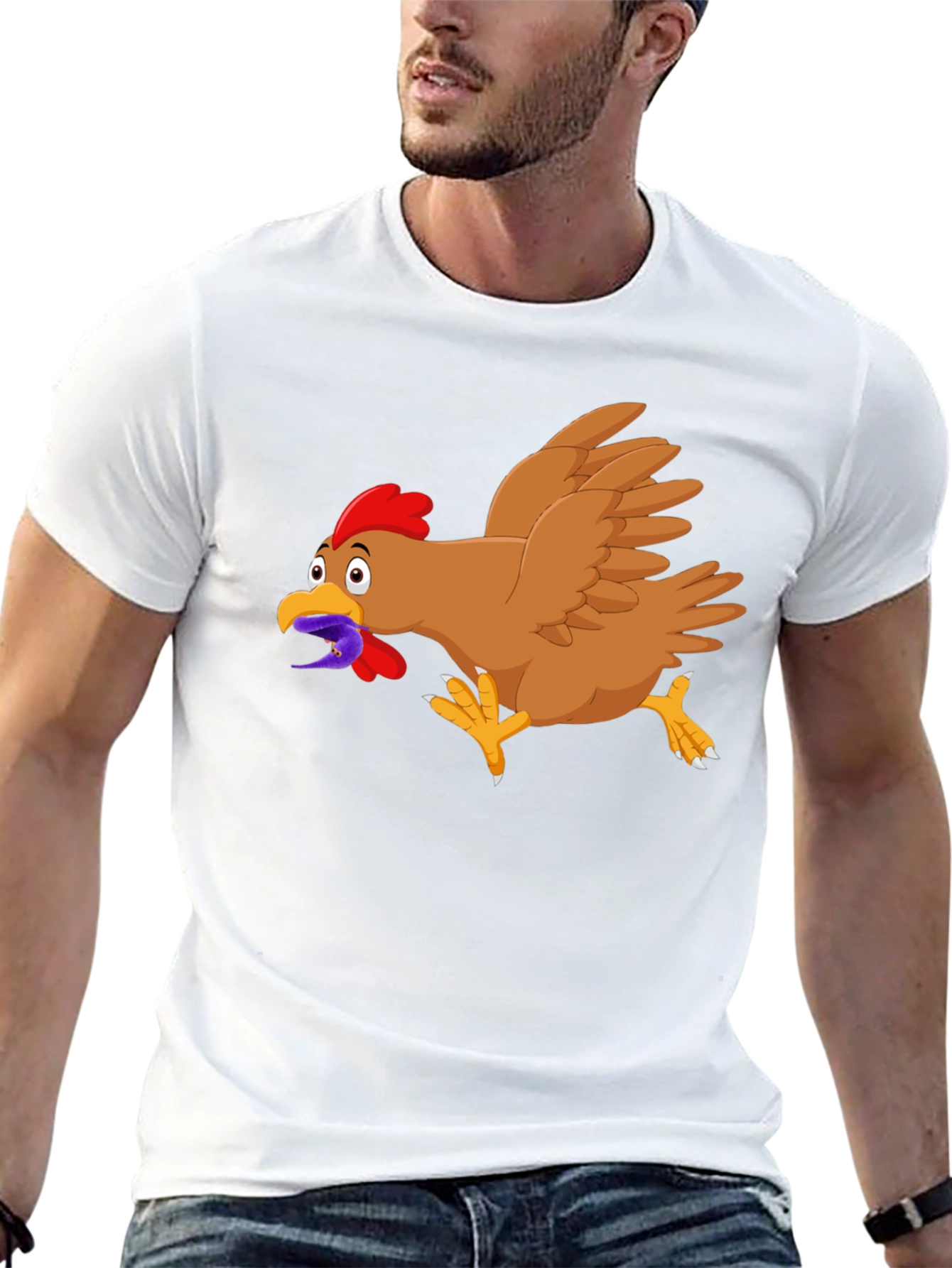 Black Funny Chicken Worm Cartoon Black T-Shirt view 13
