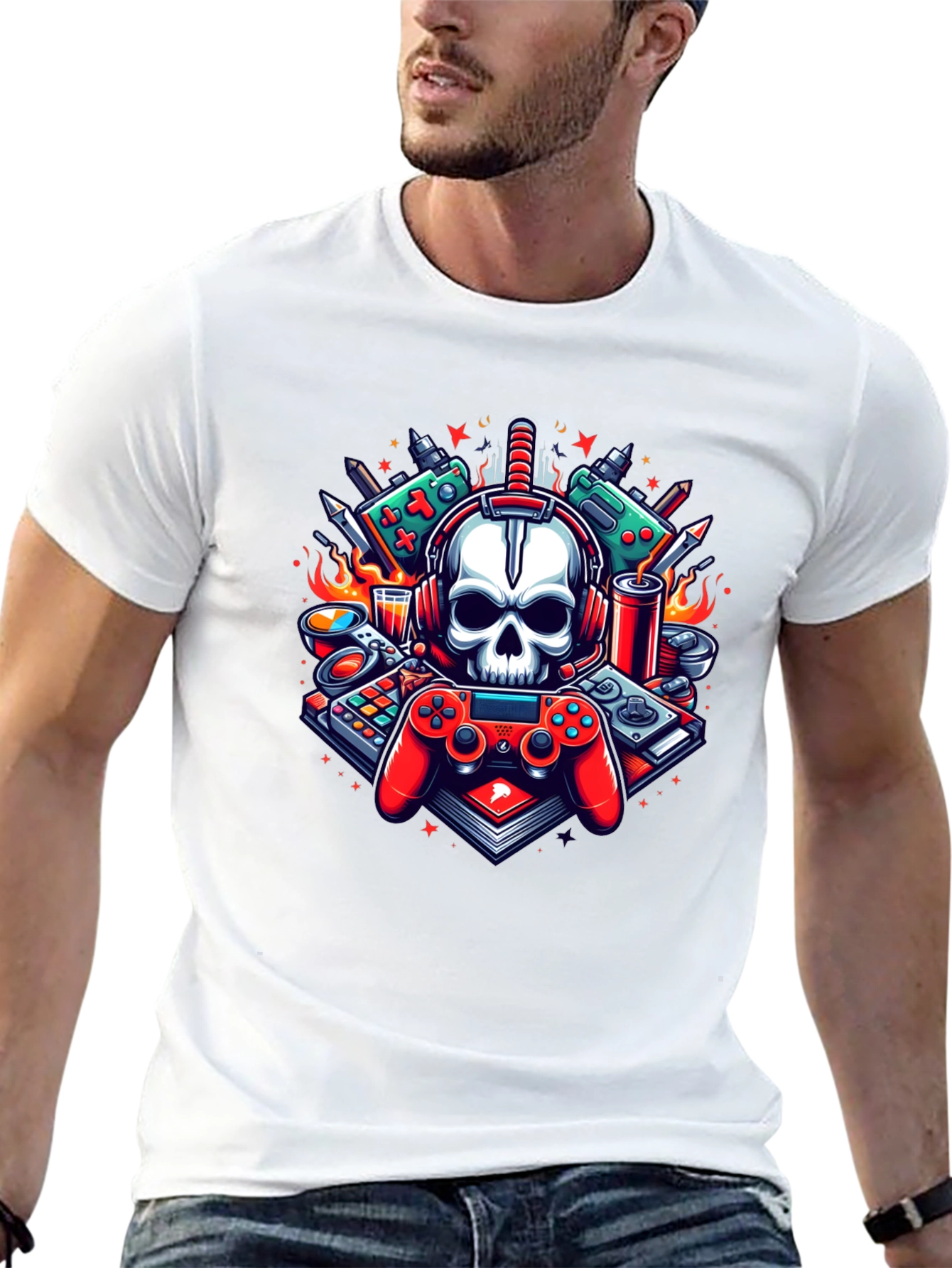Black Gamer Skull Graphic T-Shirt - Cool Design! view 13