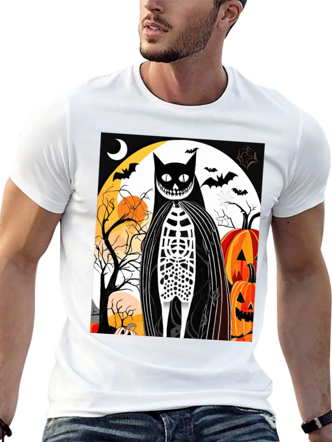 Black Halloween Cat Skeleton Graphic T-Shirt view 13