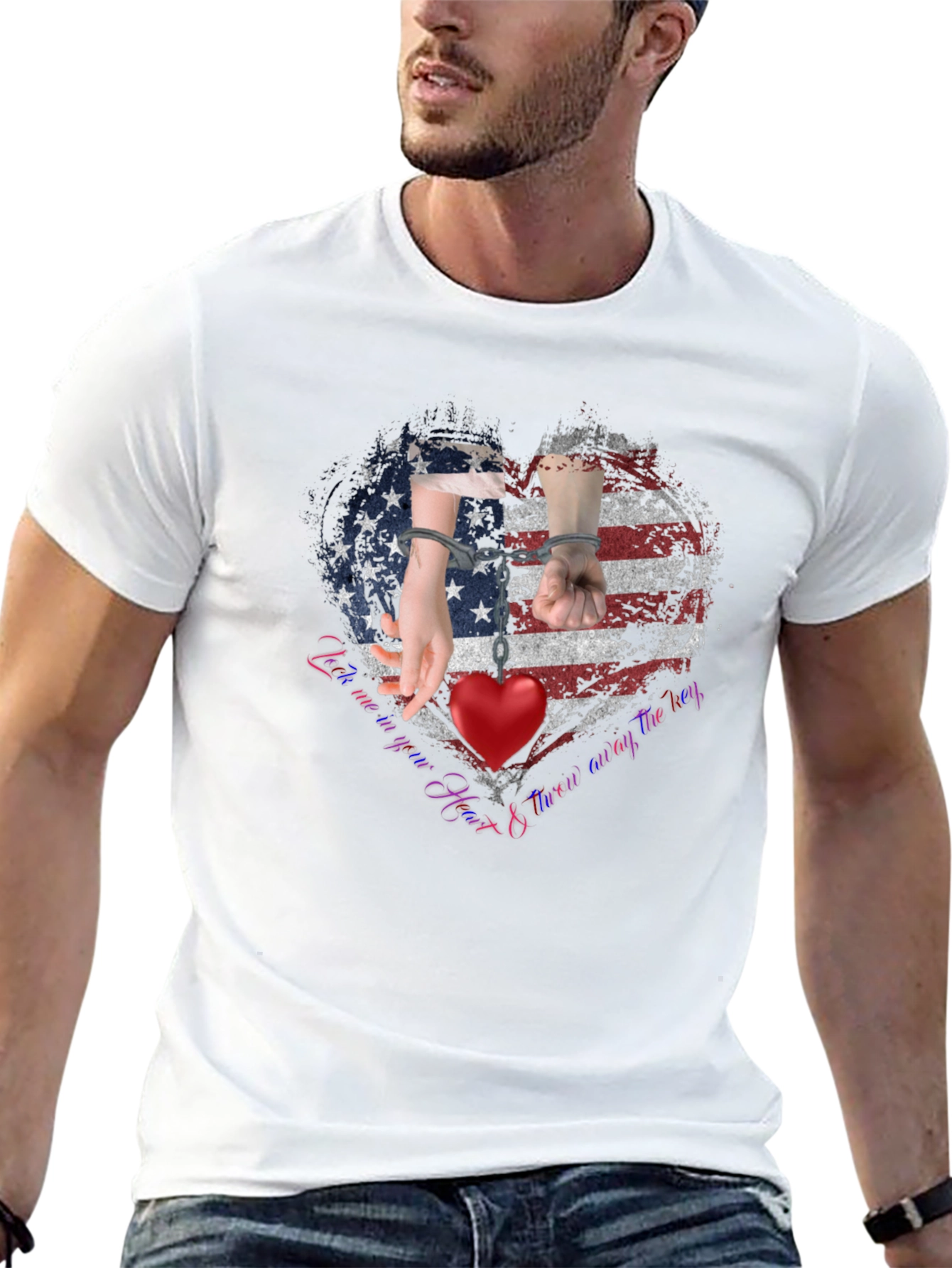 Black American Heart Handcuff Graphic T-Shirt view 13