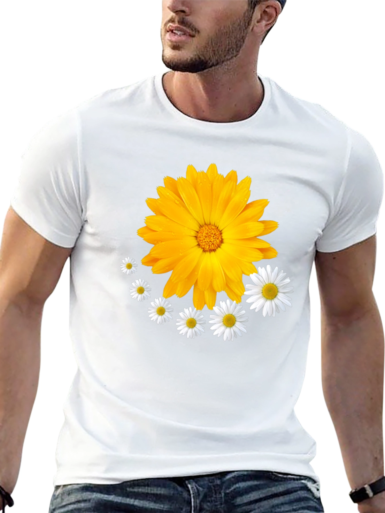 Black Floral T-Shirt: Calendula & Daisy Design view 13