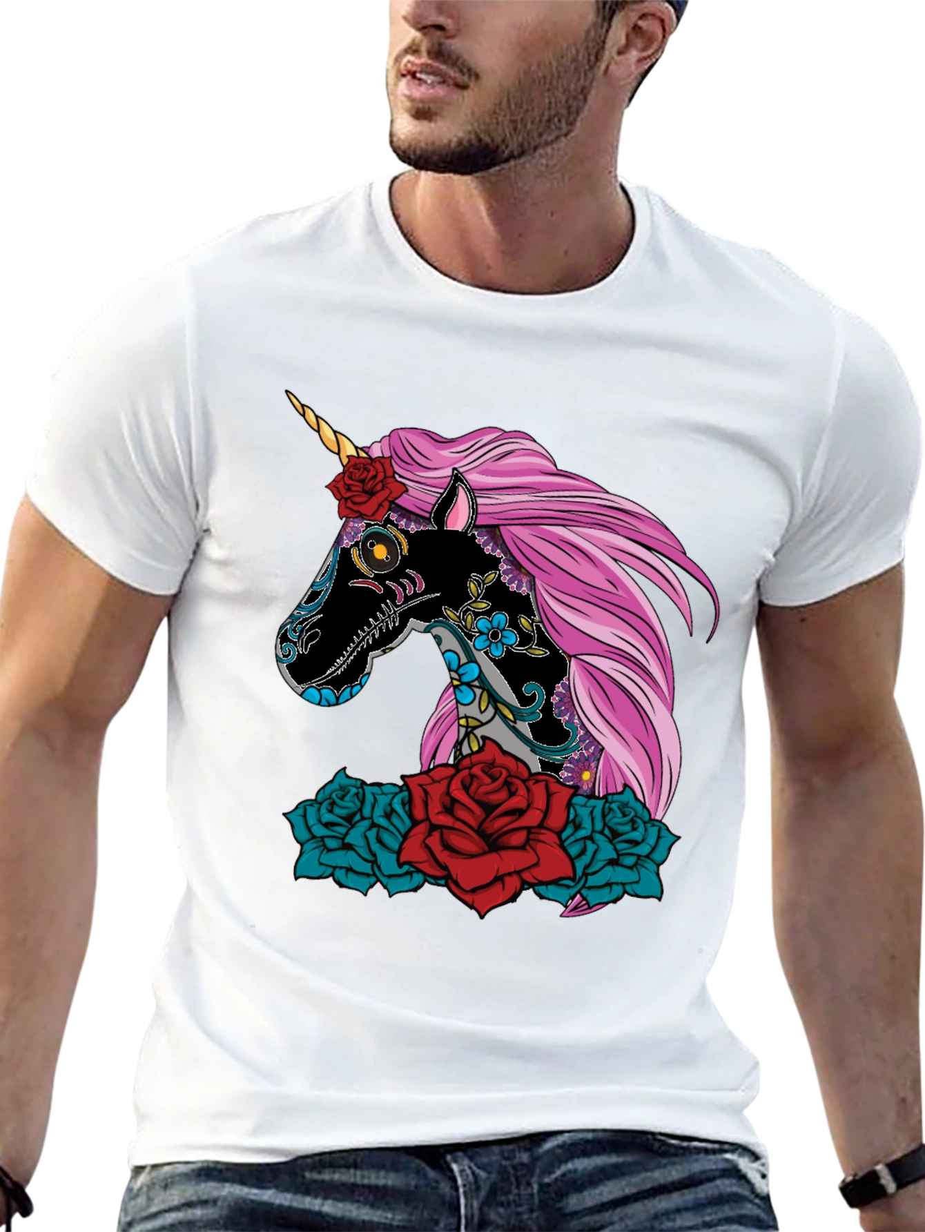 Black Sugar Skull Unicorn Rose T-Shirt view 13