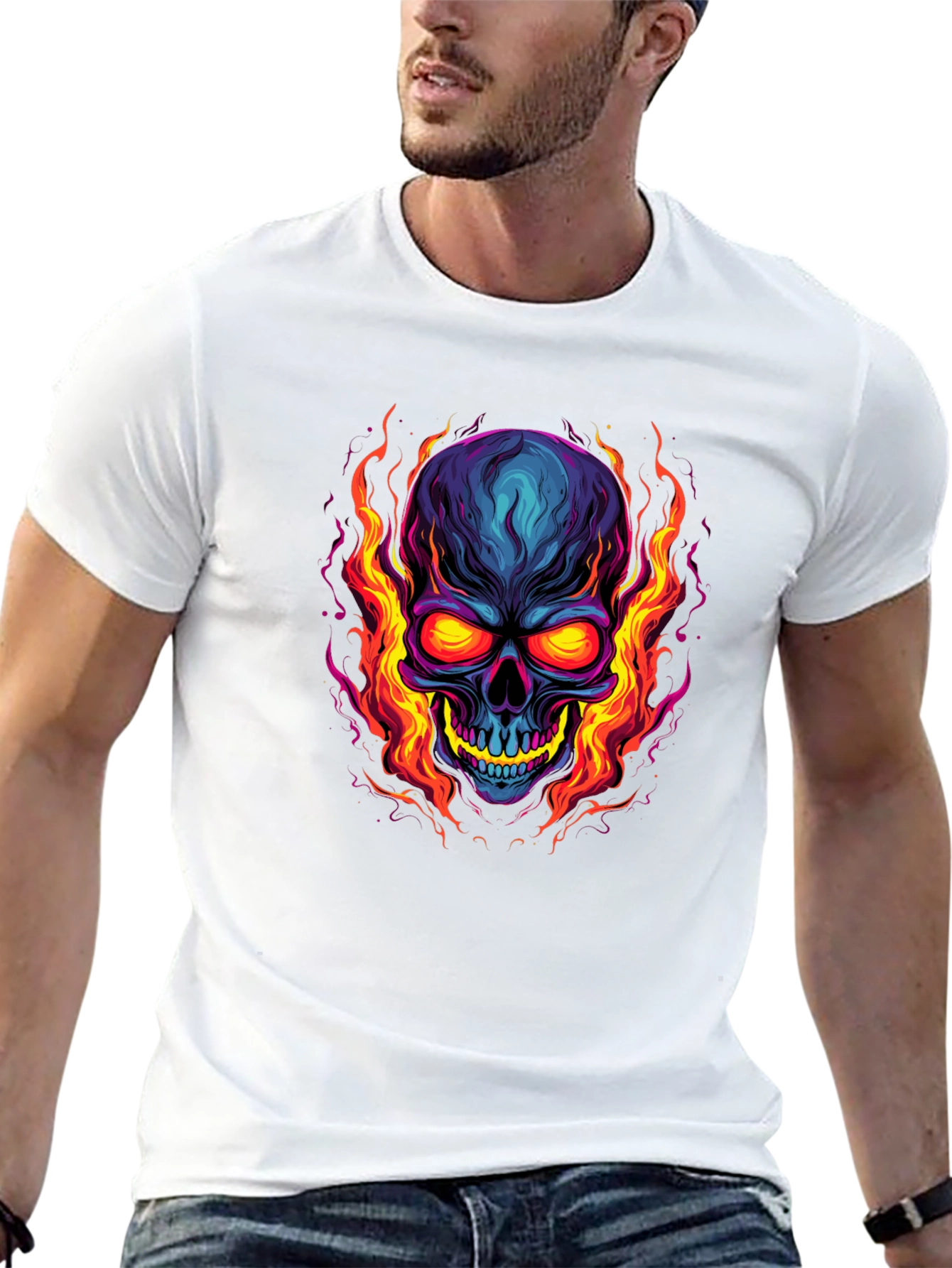 Black Flaming Skull Graphic Tee - Bold Black T-Shirt view 13