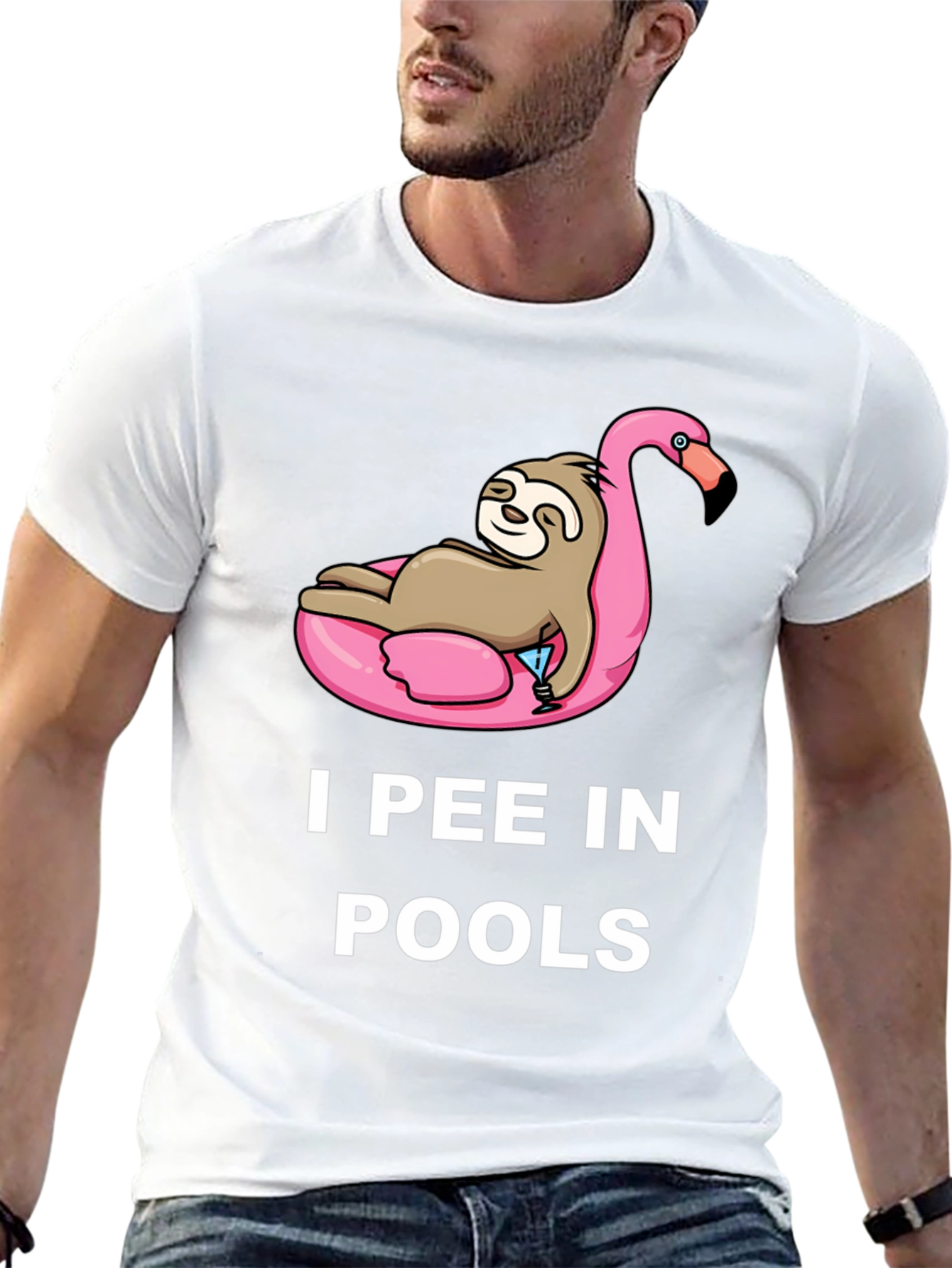 Black Sloth on Flamingo Pool Float T-Shirt - I Pee in Pools view 13