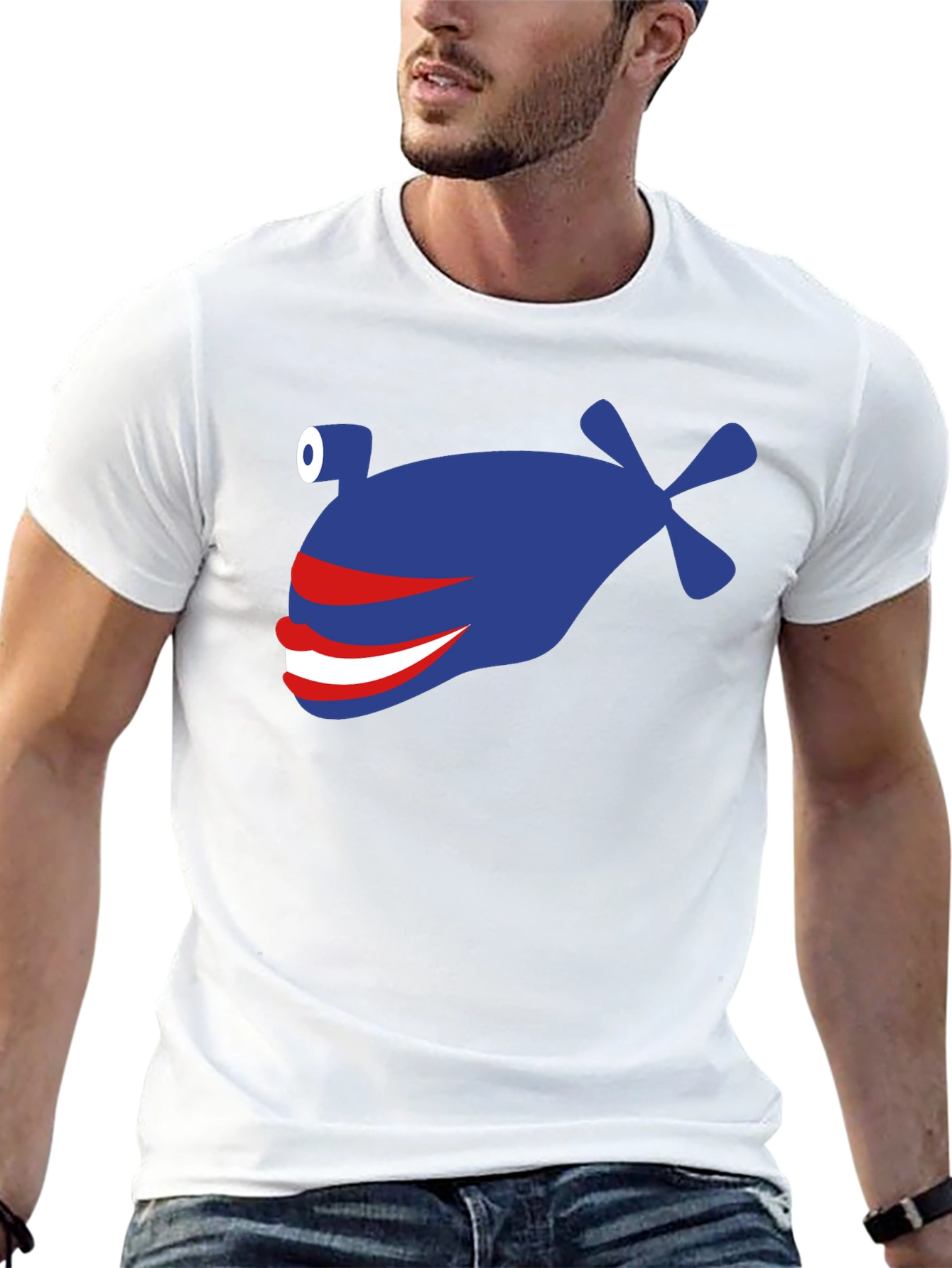 Black Funny Blue Fish Graphic T-Shirt - Crew Neck, Short Sleeve view 13