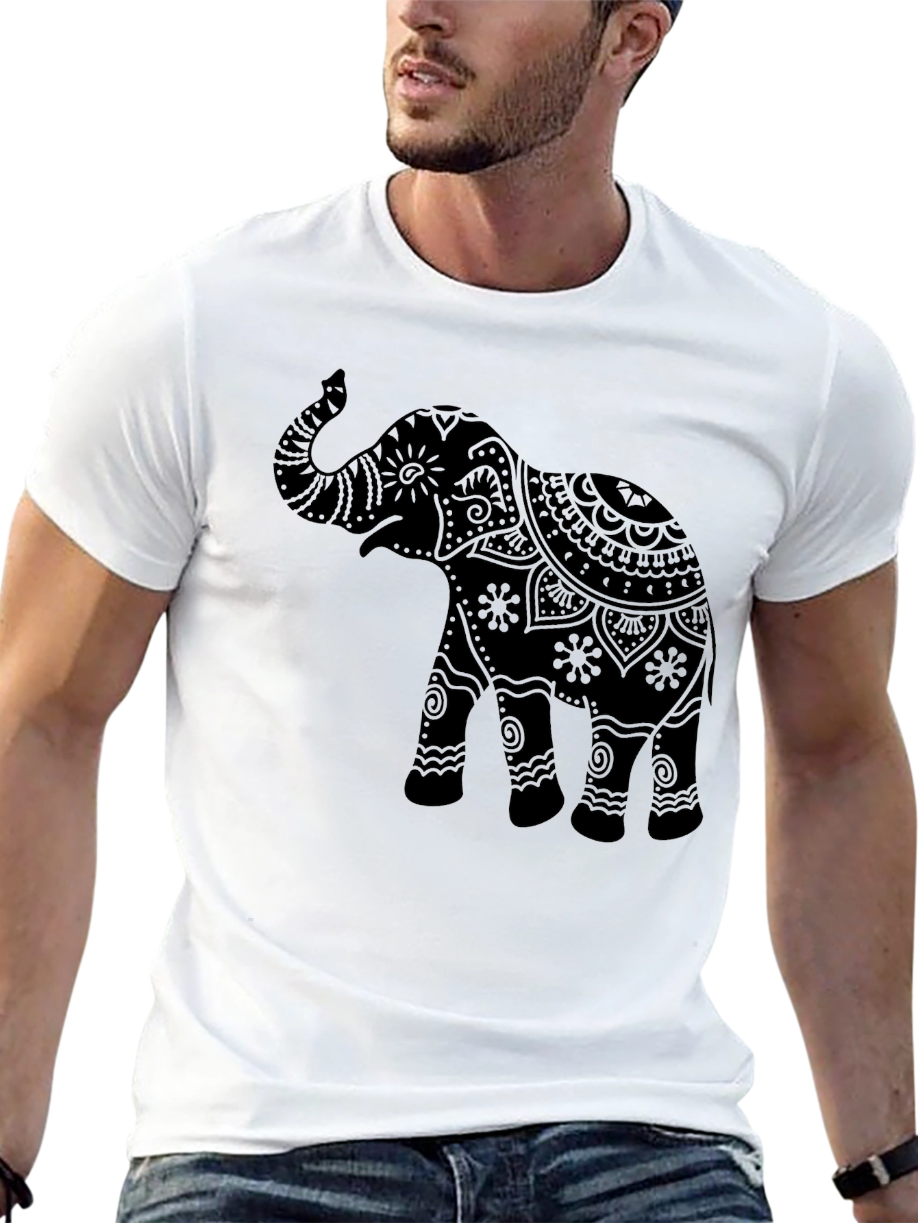 Black Elephant Mandala Graphic Tee - Black Crew Neck T-Shirt view 13