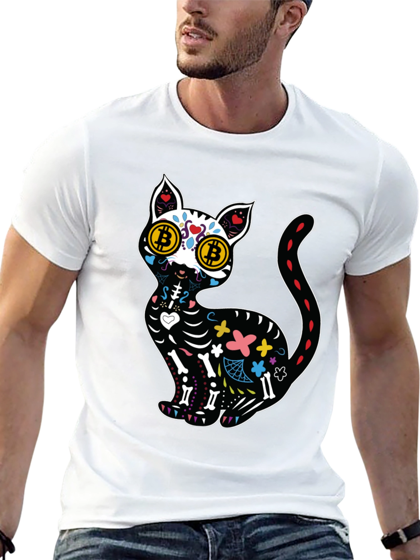 Black Bitcoin Cat Sugar Skull T-Shirt view 13
