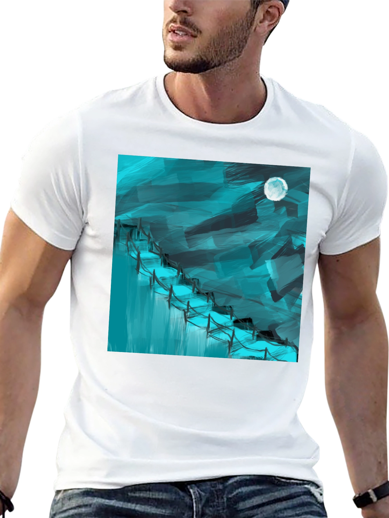 Black Abstract Moonlit Waterfall Graphic Tee - Black Cotton Blend view 13