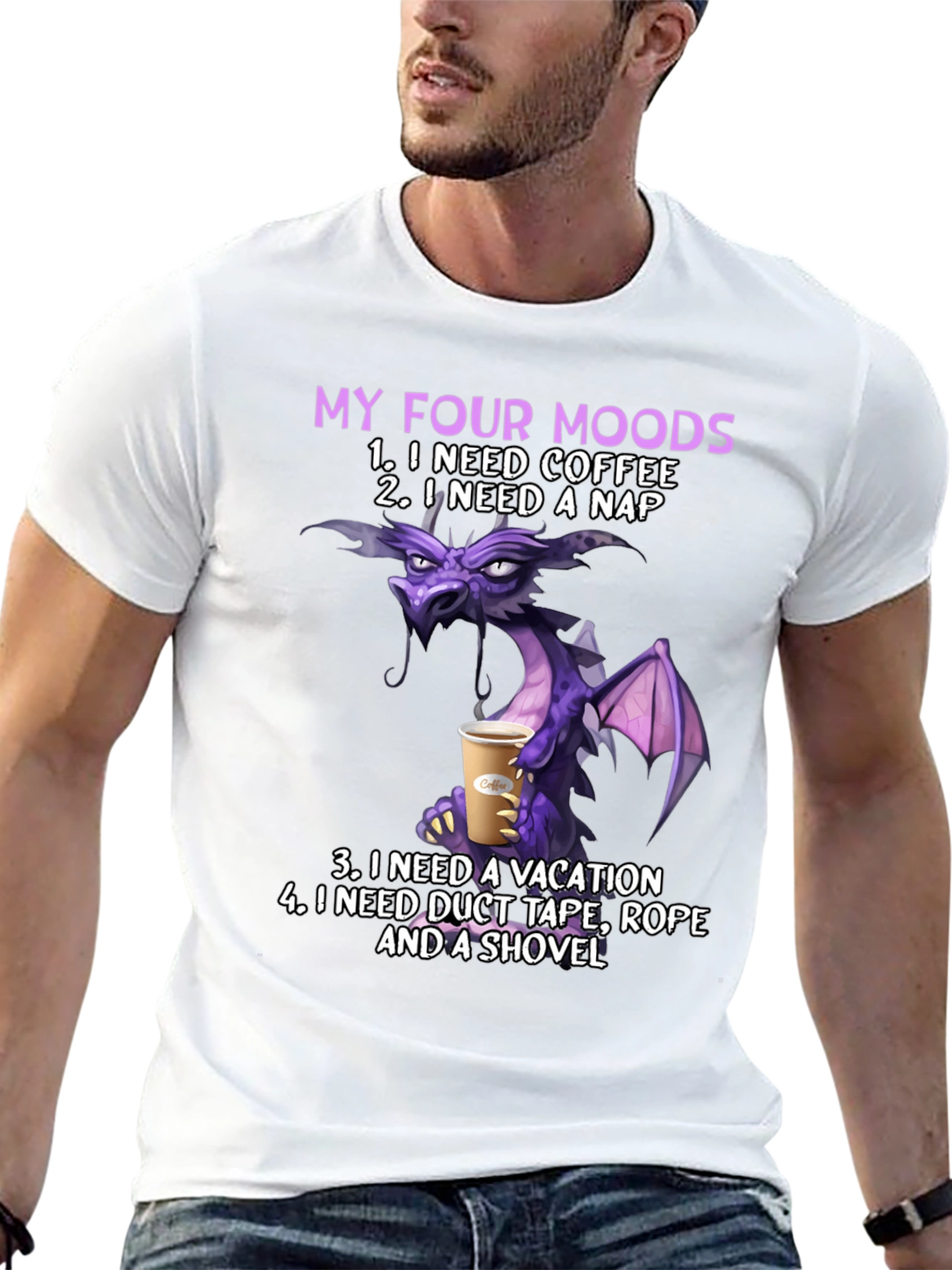 Black My Four Moods Dragon T-Shirt: Coffee, Nap, Vacation, Duct Tape view 13