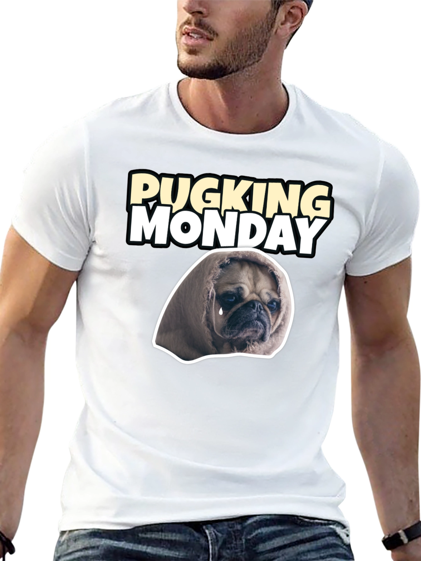Black Pucking Monday Sad Pug Graphic T-Shirt view 13