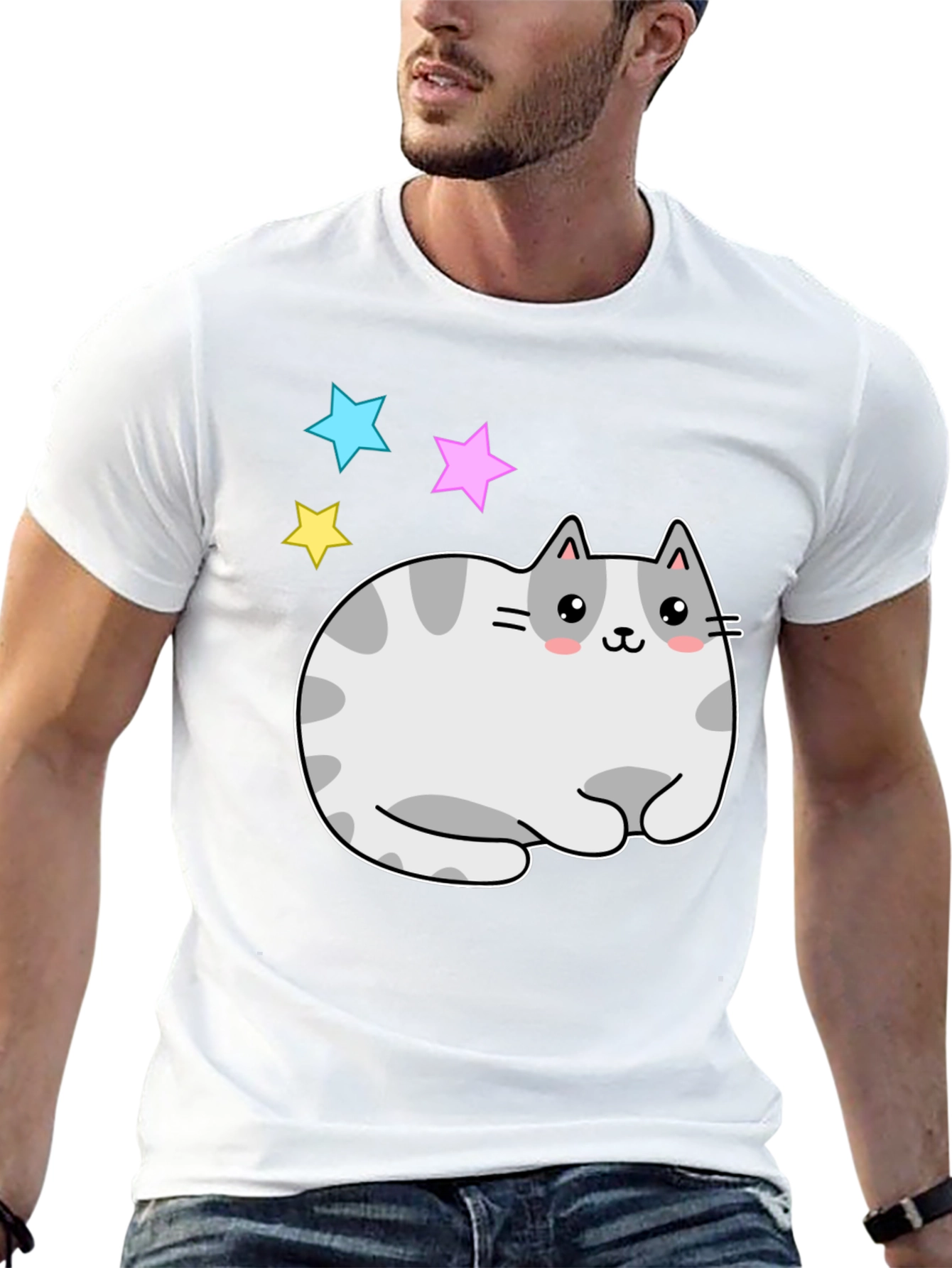 Black Cute Kawaii Cat Stars Graphic T-Shirt view 13
