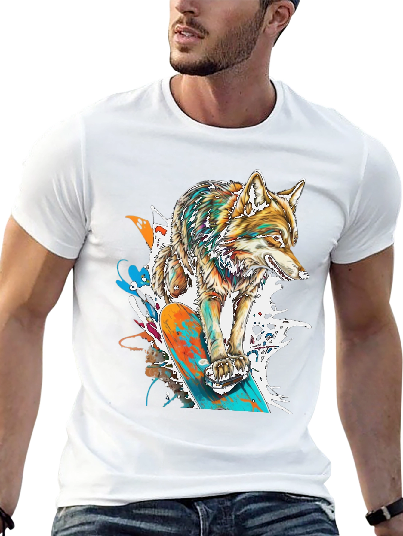 Black Skateboarding Wolf Graphic T-Shirt - Cool Animal Tee view 13