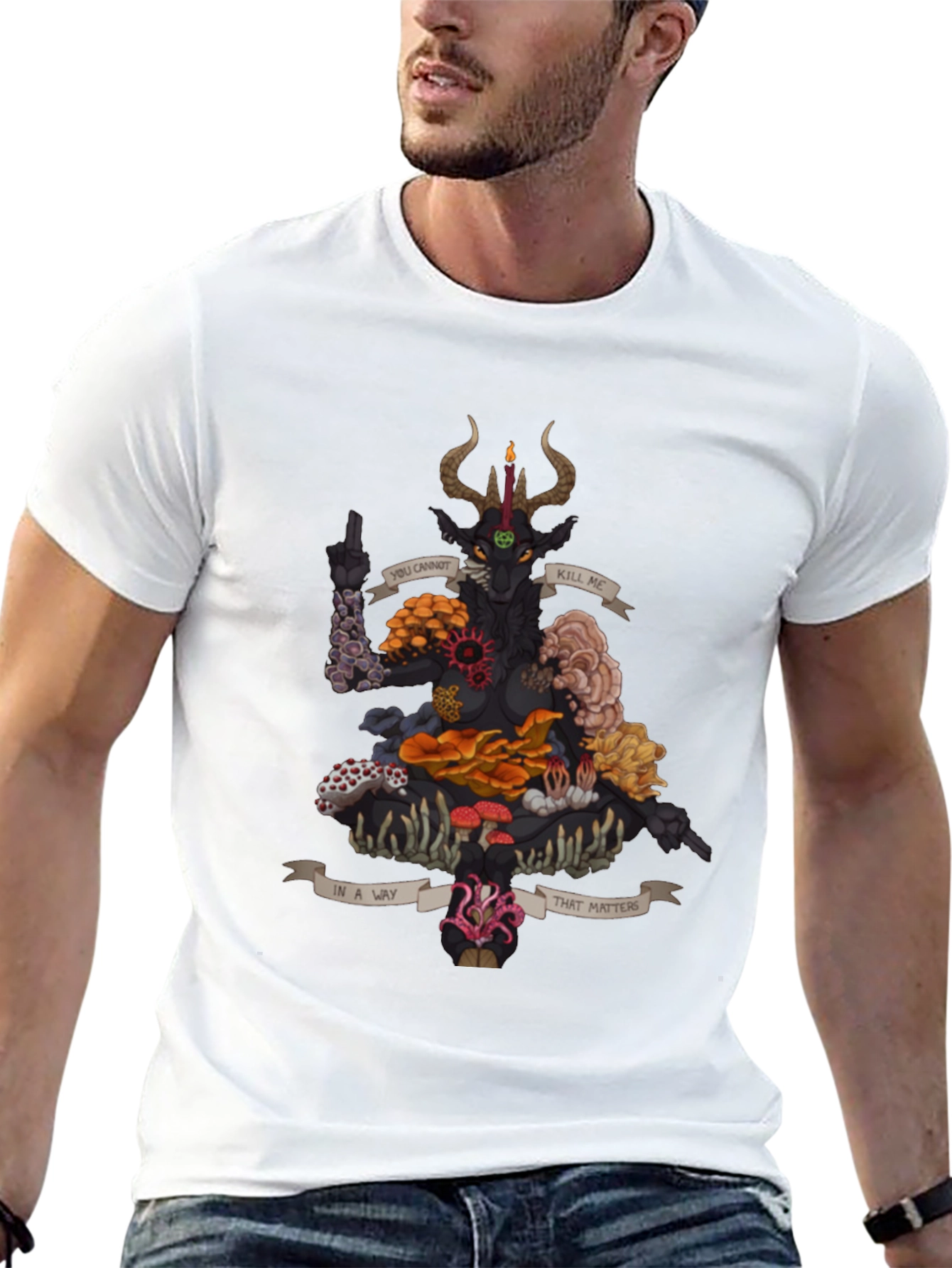 Black Baphomet Mushroom Black Graphic Tee view 13