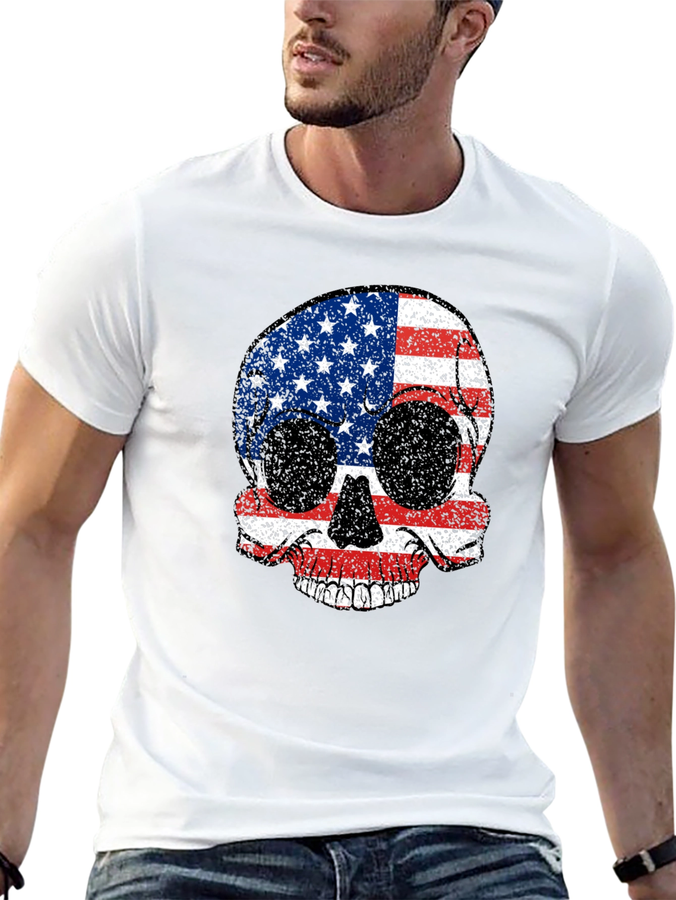 Black American Flag Skull Graphic Tee - Patriotic Style view 13