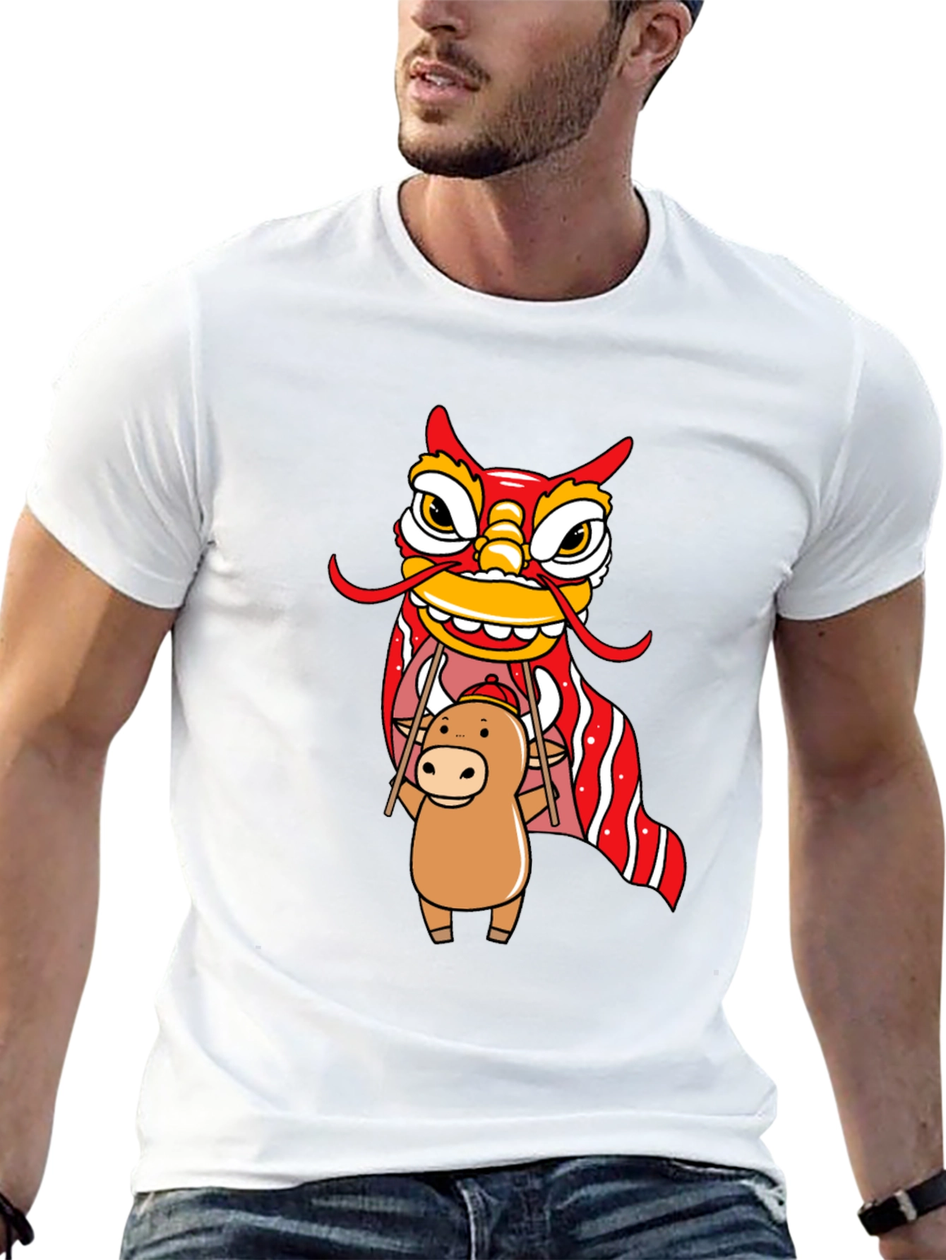Black Cute Ox & Lion Dance Graphic T-Shirt view 13