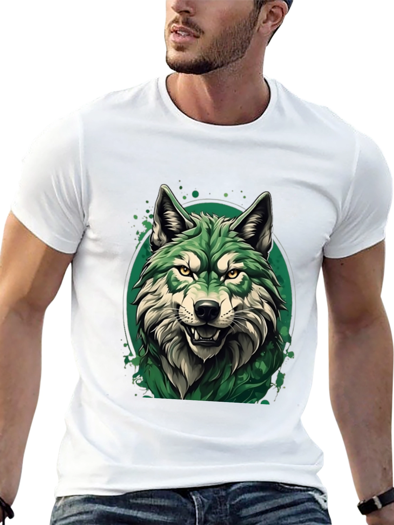 Black Green Wolf Graphic T-Shirt - Stylish Animal Tee view 13