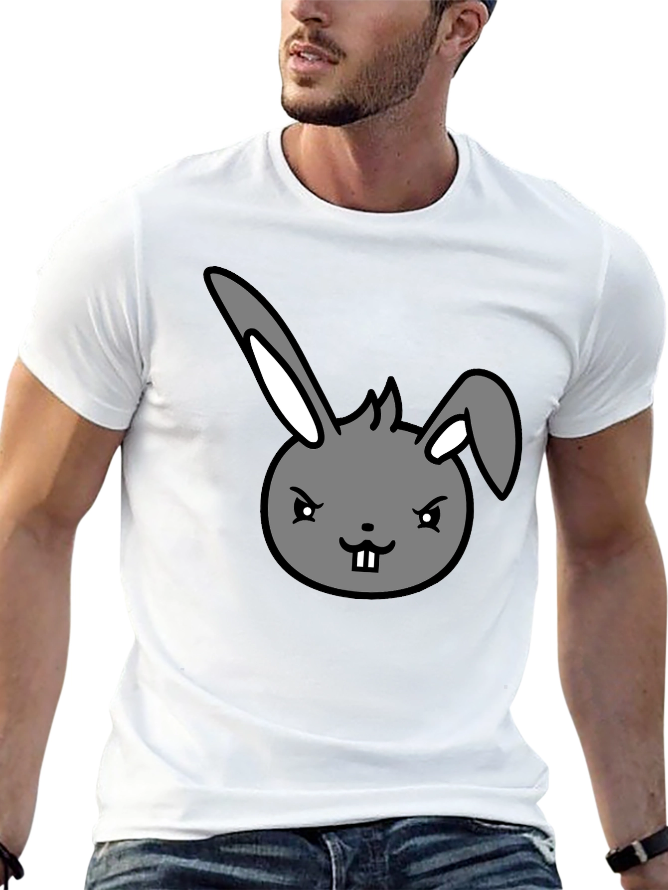 Black Men's Black T-Shirt with Cartoon Bunny Design view 13