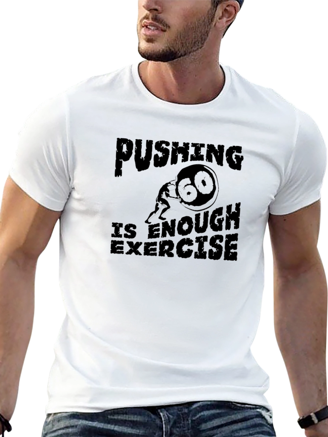 Black Funny Workout T-Shirt - Pushing Is Enough Exercise Tee view 13