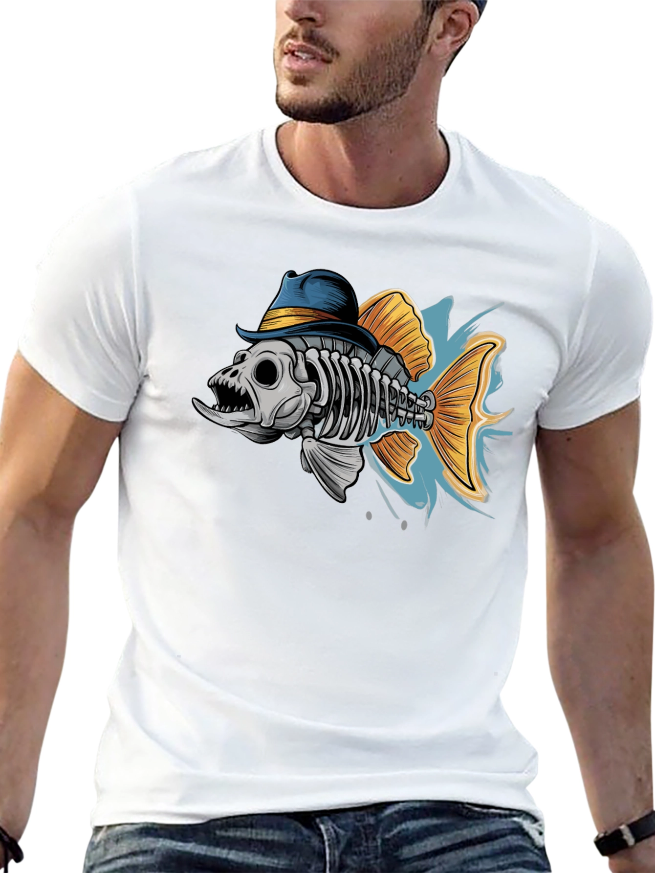 Black Fish Skeleton in Hat Graphic T-Shirt view 13
