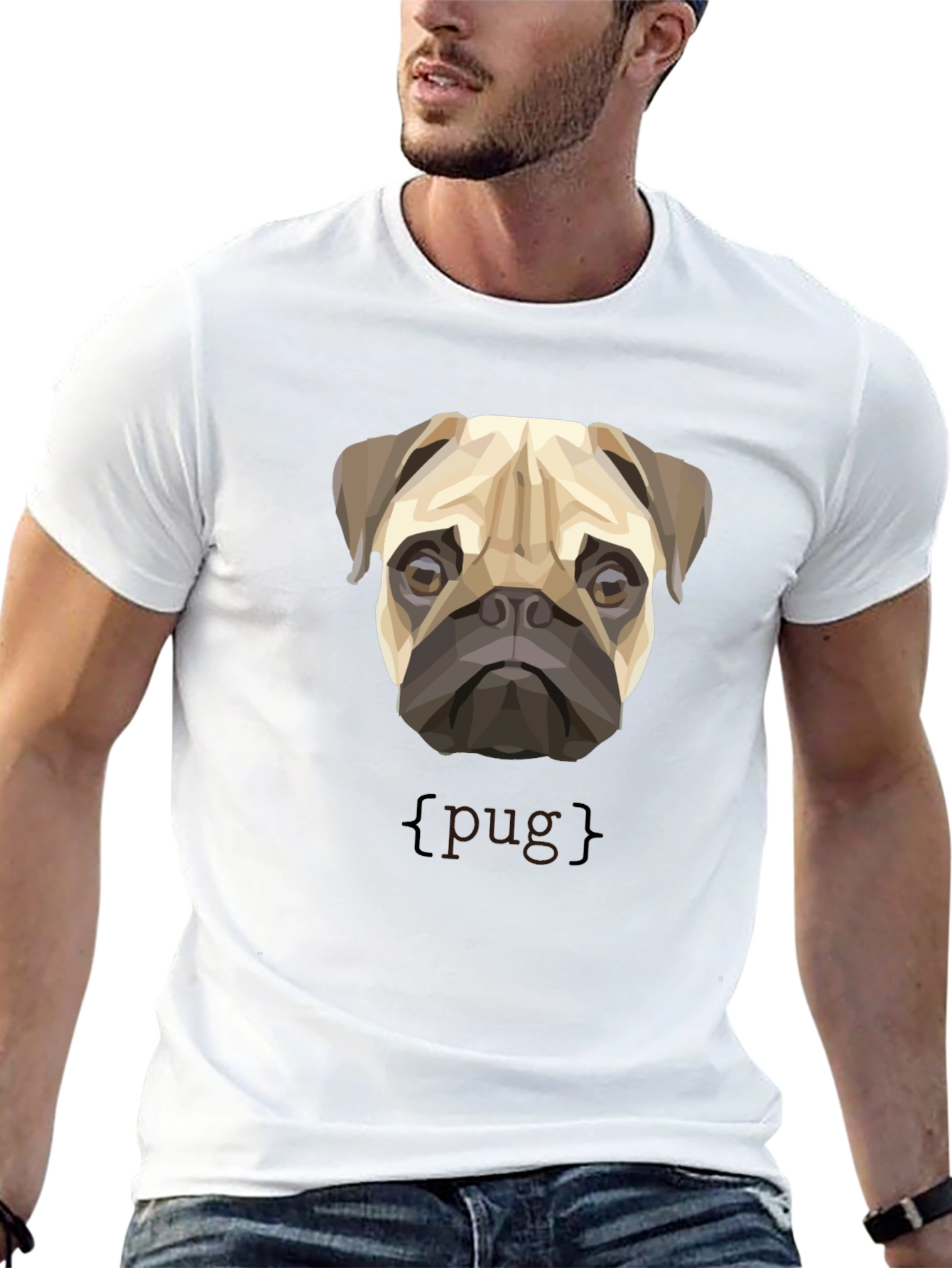 Black Geometric Pug Dog Graphic Print T-Shirt view 13