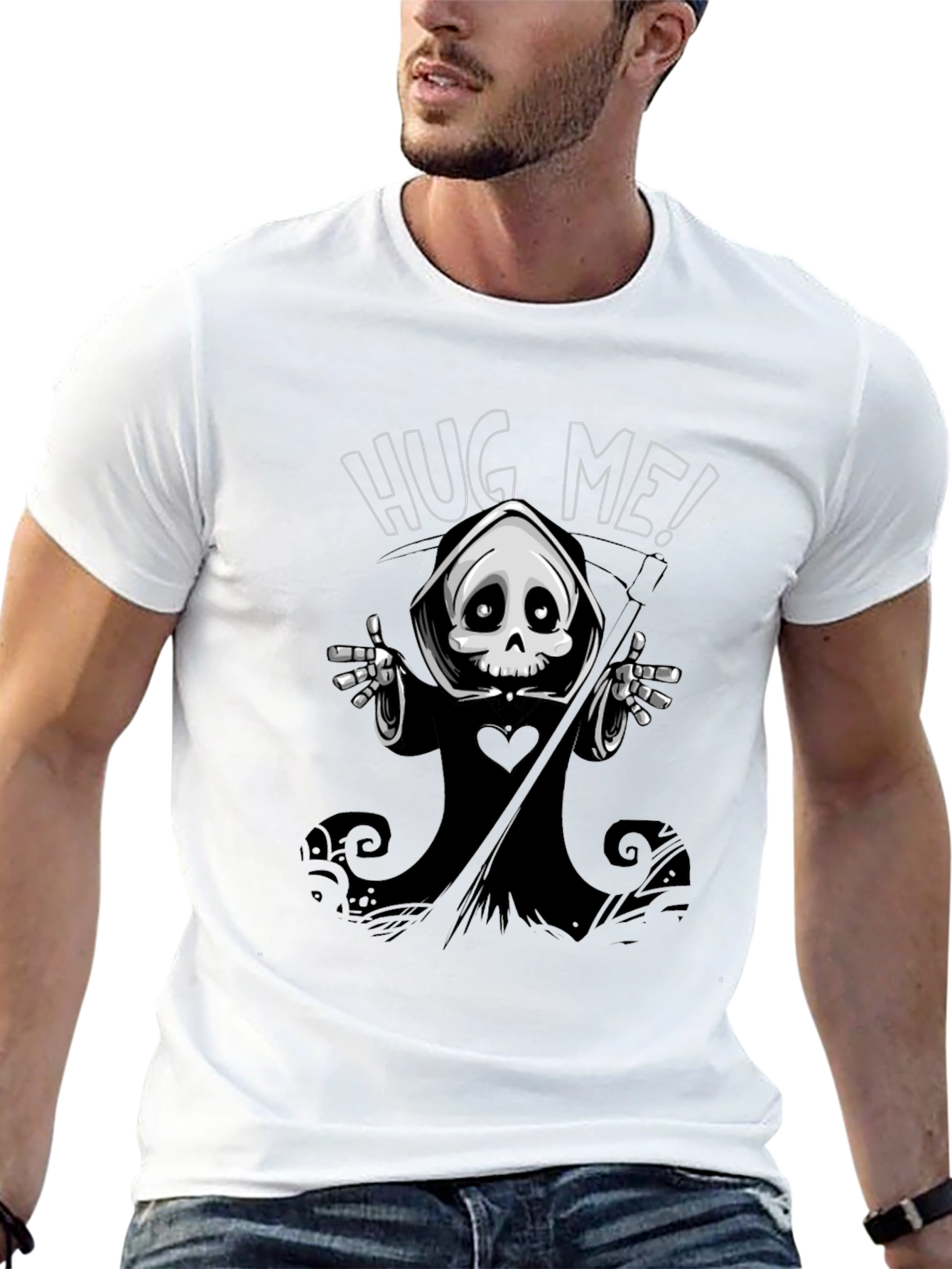 Black Hug Me! Grim Reaper Graphic Black T-Shirt view 13