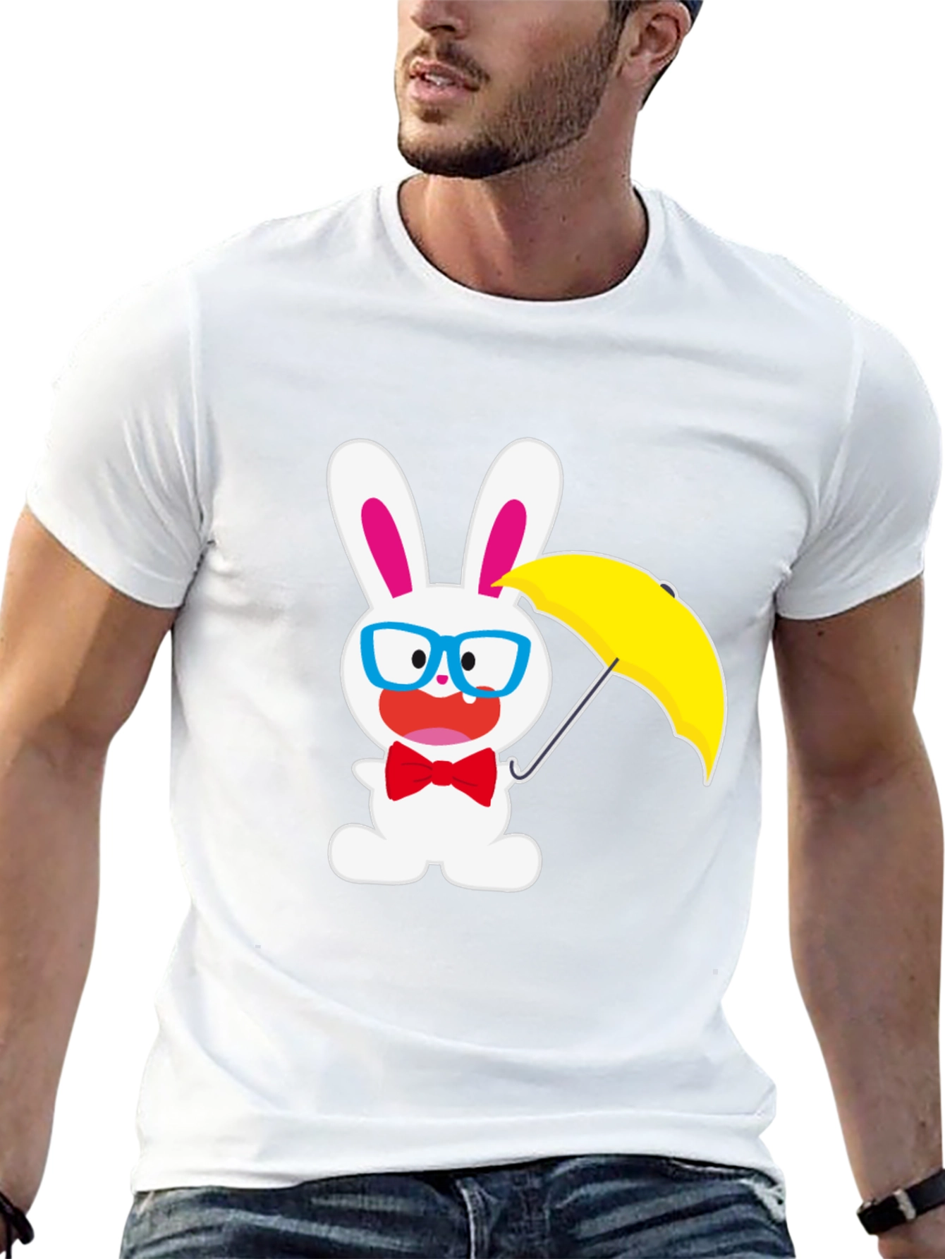 Black Funny Bunny T-Shirt: White Rabbit with Glasses & Umbrella view 13