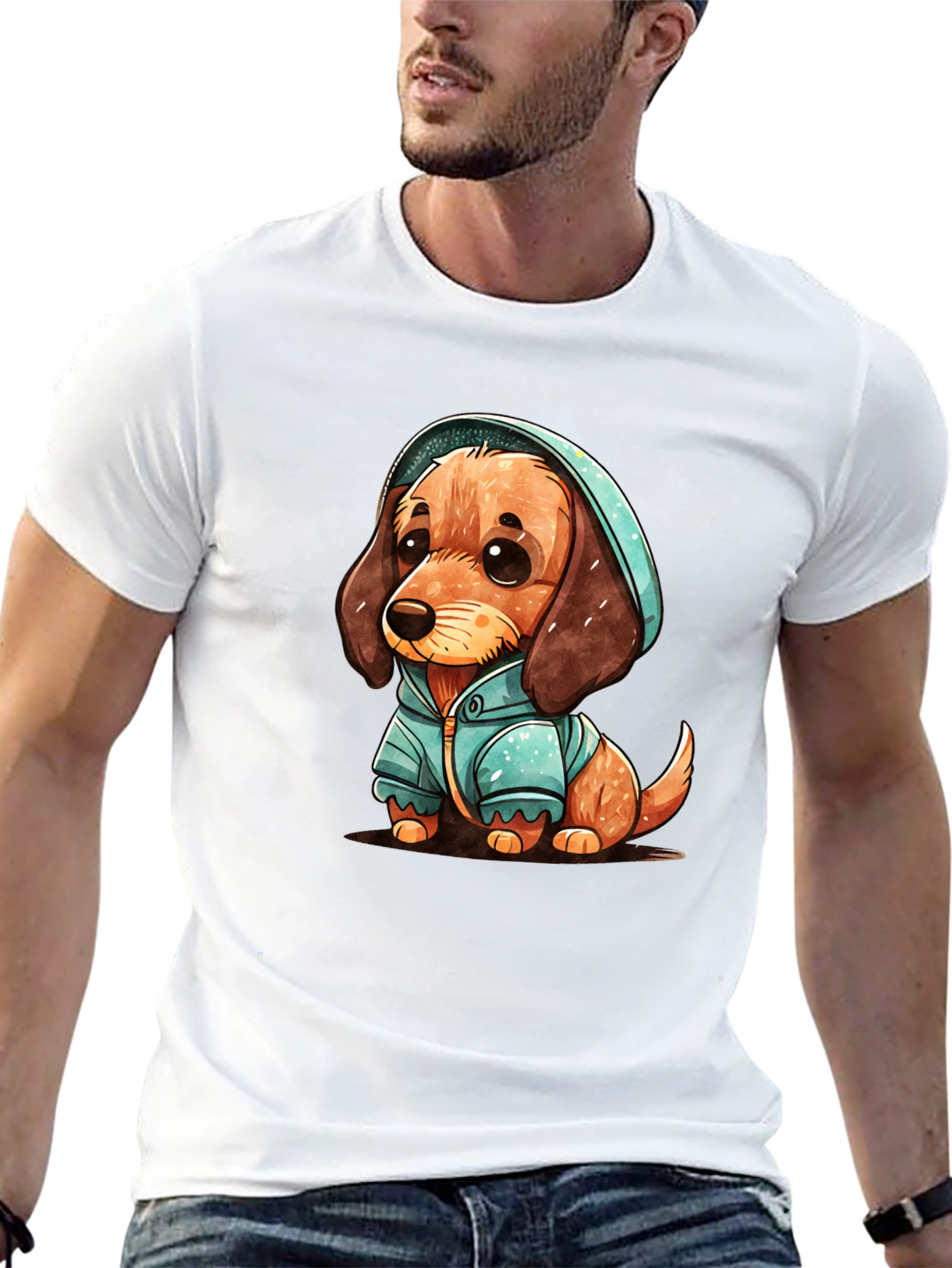 Black Cute Dachshund Puppy in Hoodie T-Shirt view 13
