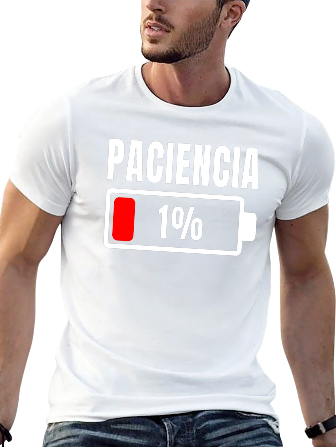 Black Paciencia 1% Low Battery Funny T-Shirt view 13