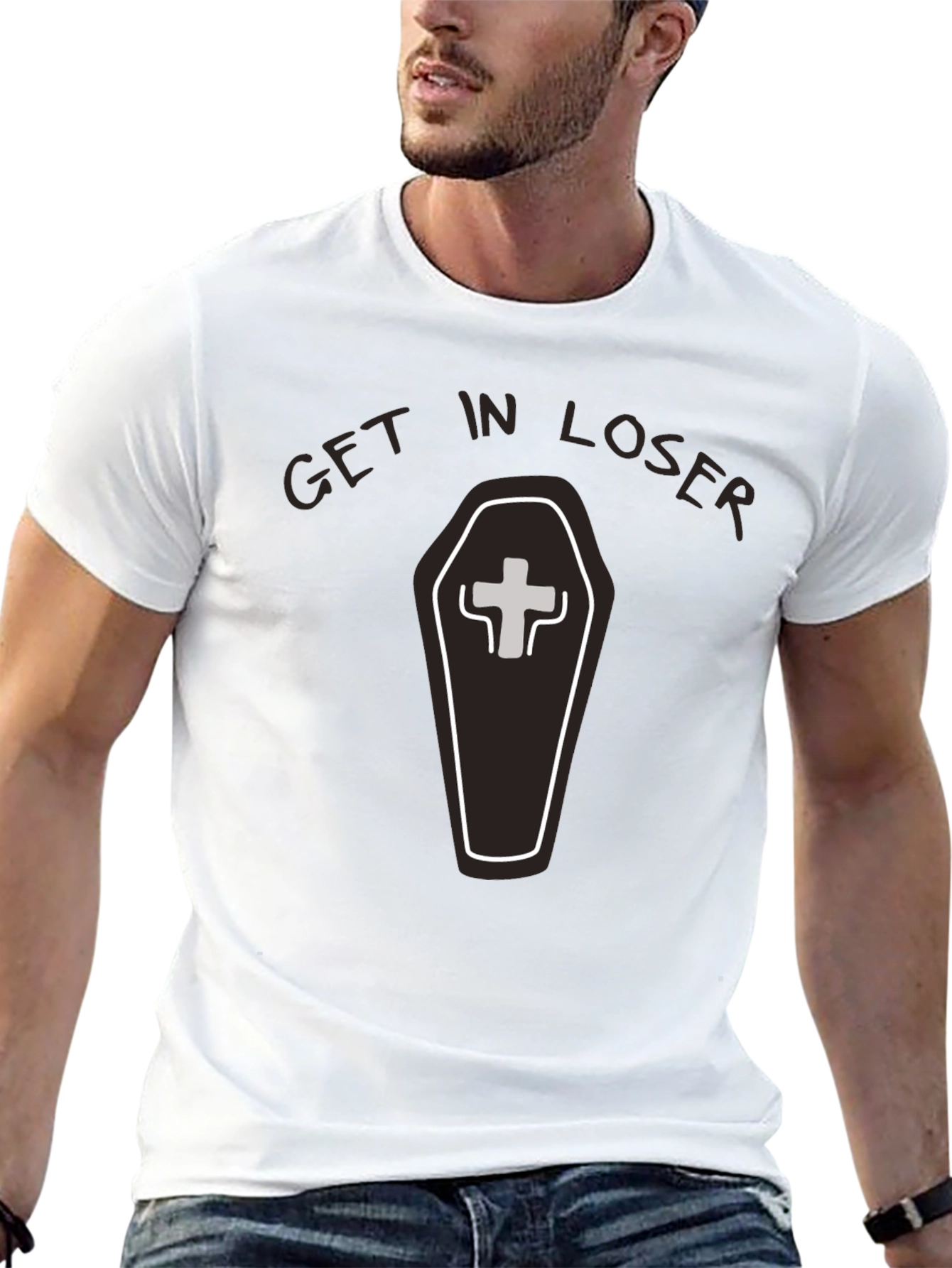 Black Get in Loser Coffin T-Shirt - Funny Graphic Tee view 13
