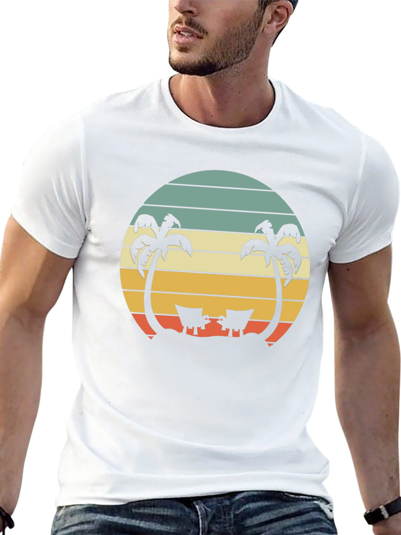 Black Retro Beach Sunset T-Shirt - Palm Trees & Deck Chairs view 13